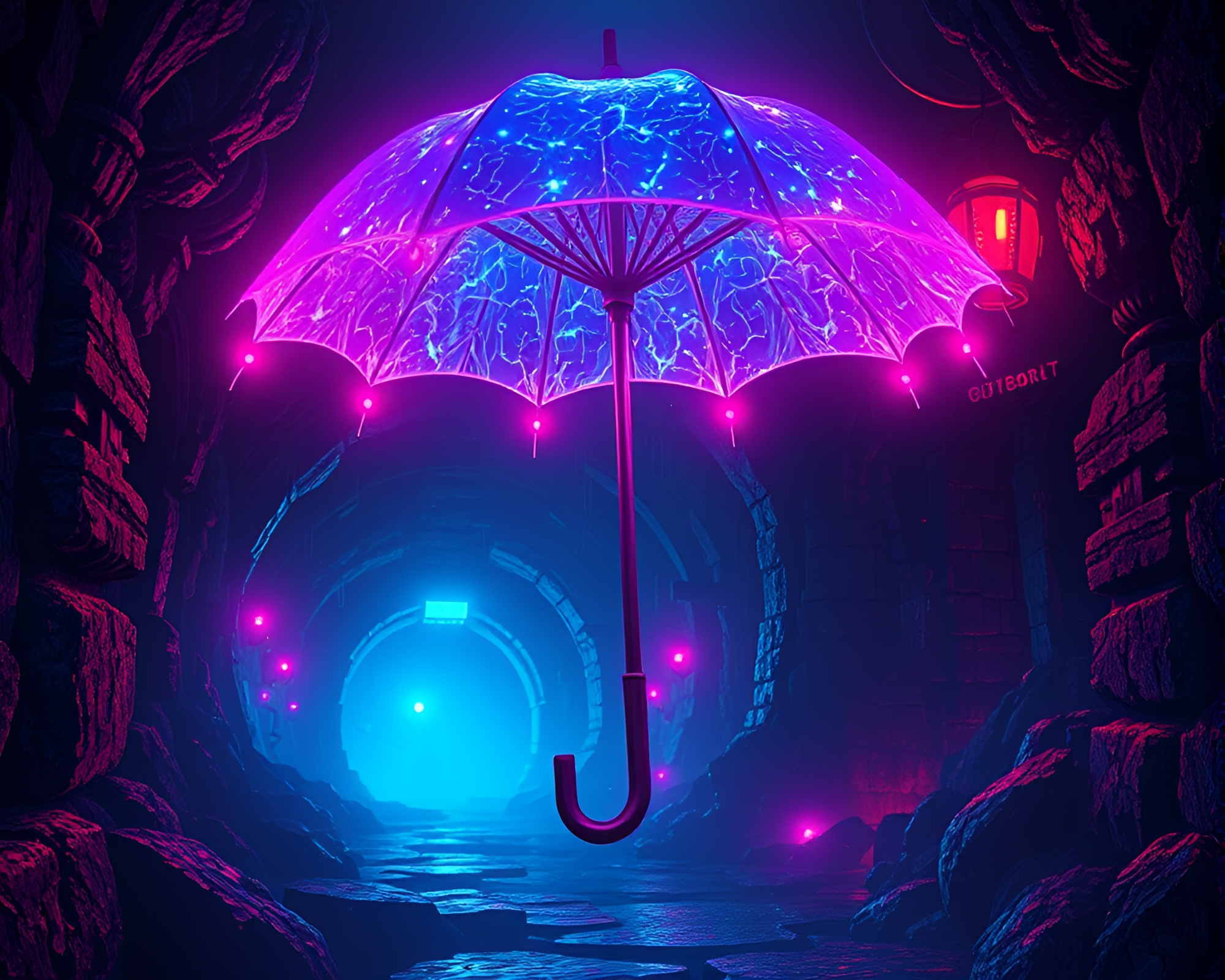 Digital Noise Infused Neon-lit Umbrella in Dungeon Torchlight – free AI stock image