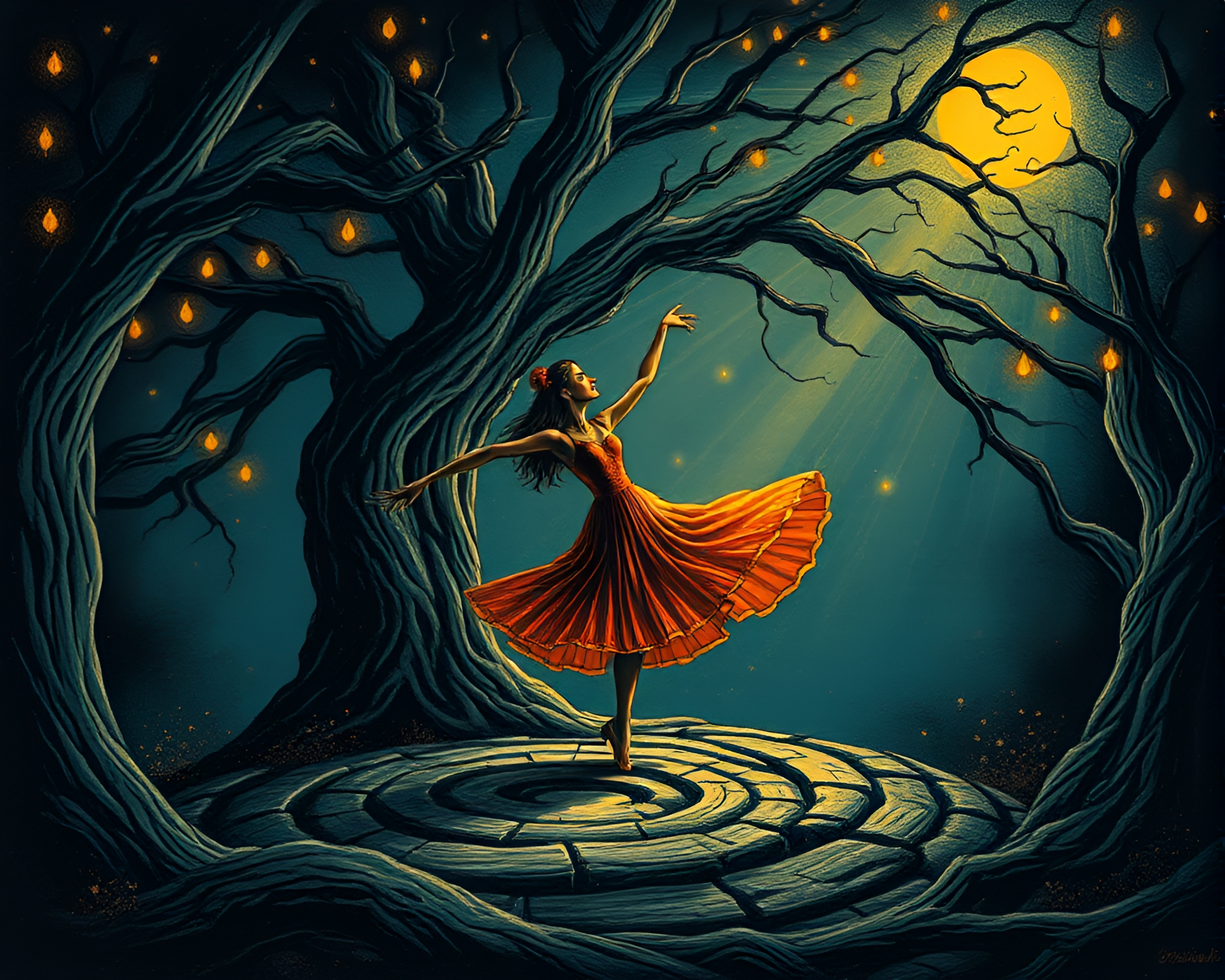 Ballet Dancer in Tree Ring Pointillism Dungeon – free AI stock image