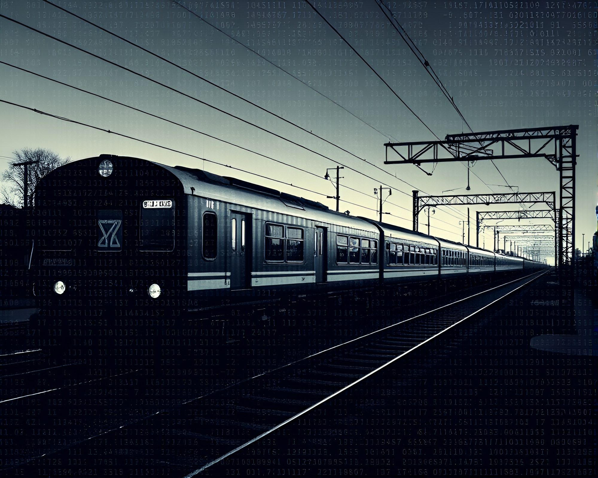 Futuristic ASCII Train on Split-Toned Grid Background – free AI stock image