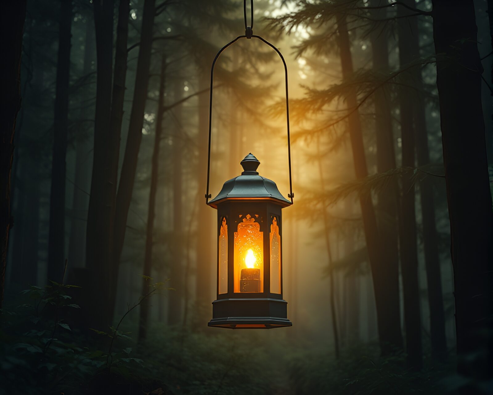 Mystical forest with lantern light in utopian style setting