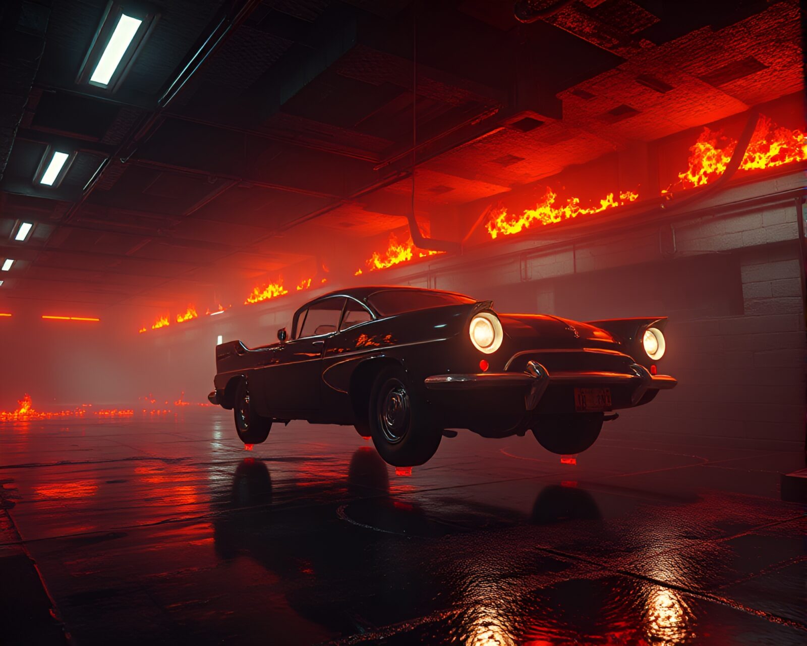 Procedurally generated image of a futuristic hover car surrounded by glowing embers in a dimly lit basement