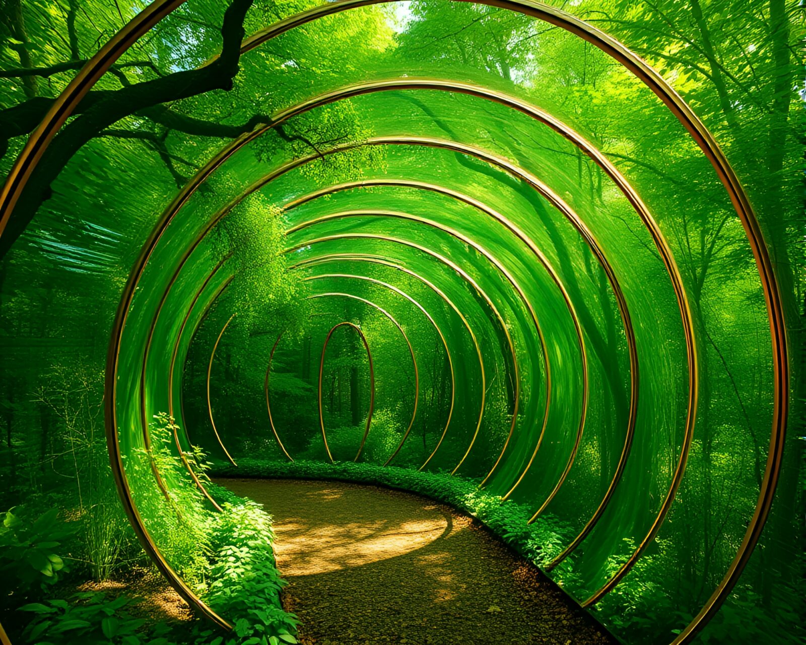 Mystical forest-green illuminated glass tunnel with golden spiral design