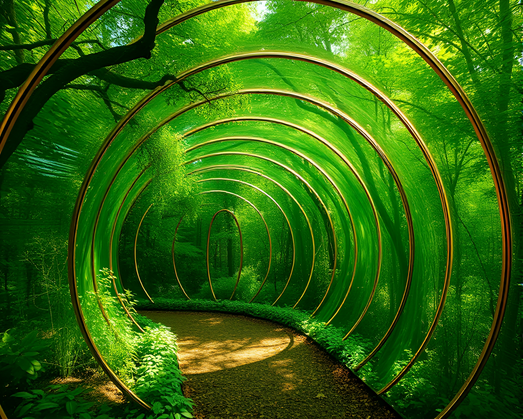 Enchanting Forest Glass Tunnel with Golden Spiral Composition – free AI stock image