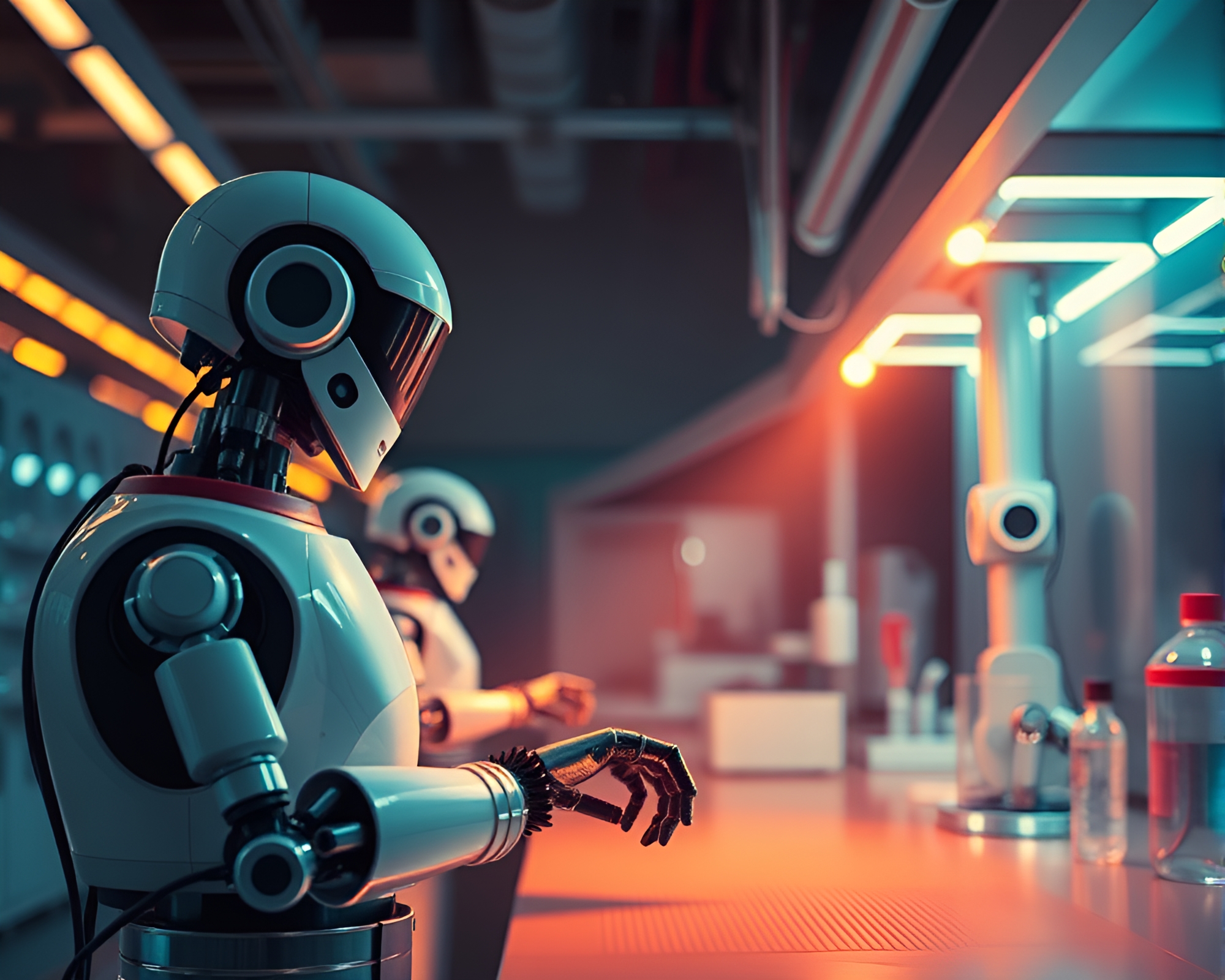 Robotics Laboratory Illuminated by Torchlight with Selective Color – free AI stock image