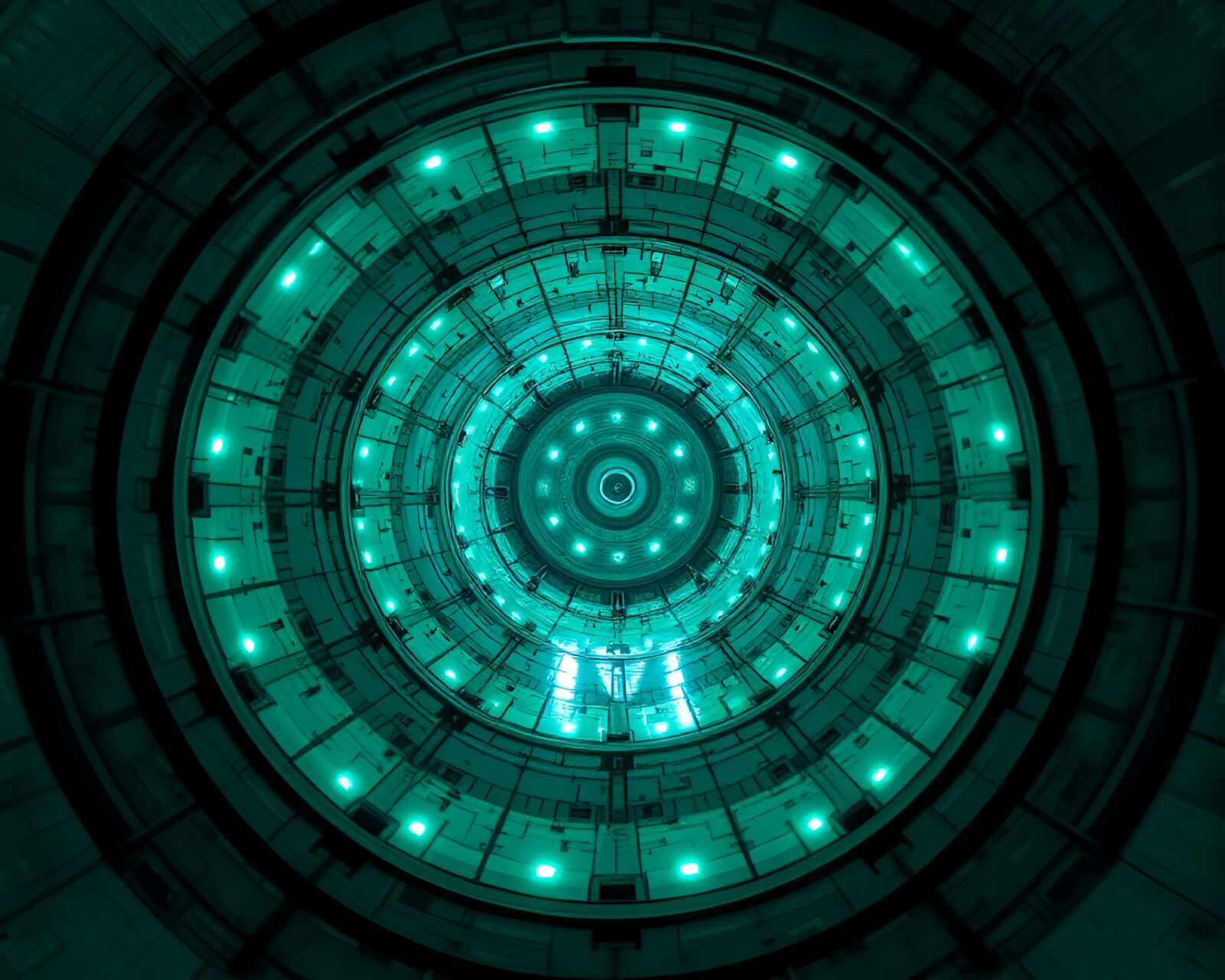 Futuristic reactor emitting tranquil turquoise light from below