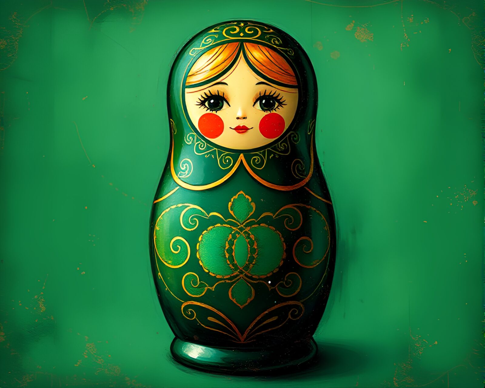 Emerald green highlighted Matryoshka dolls in grisaille style