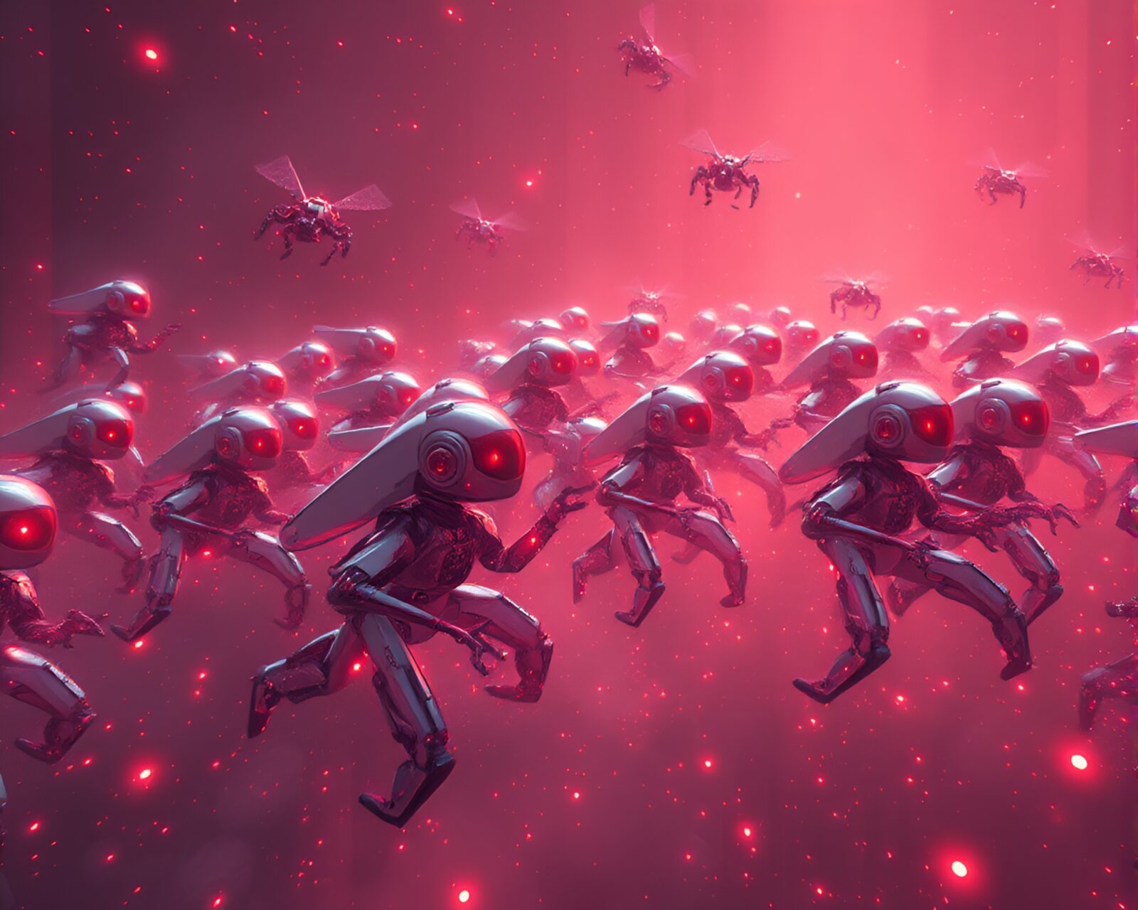 Abstract underpainting style image of glowing nanobot swarm in void