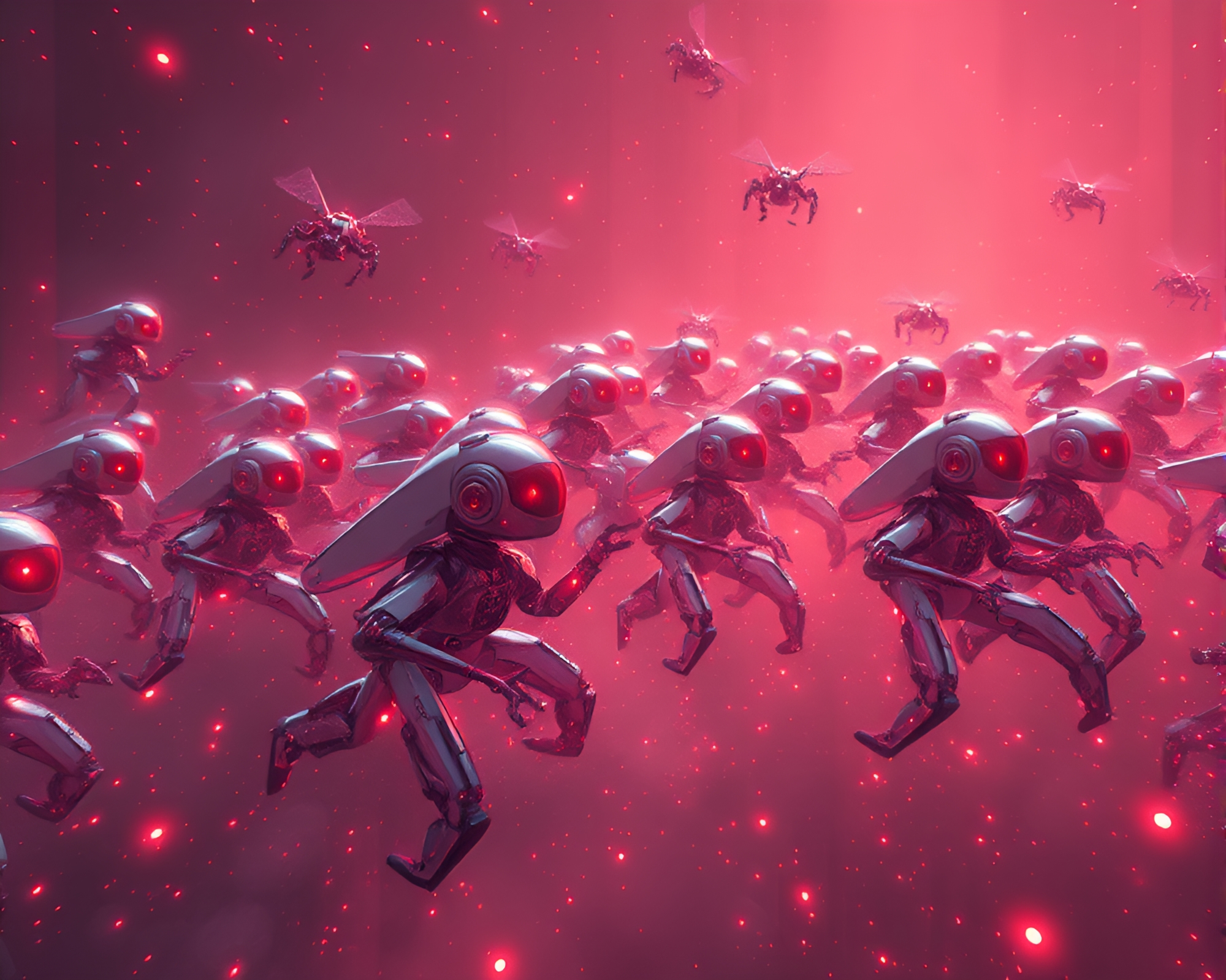 Mysterious Nanobot Swarm in Peachy Glow Negative Space – free AI stock image