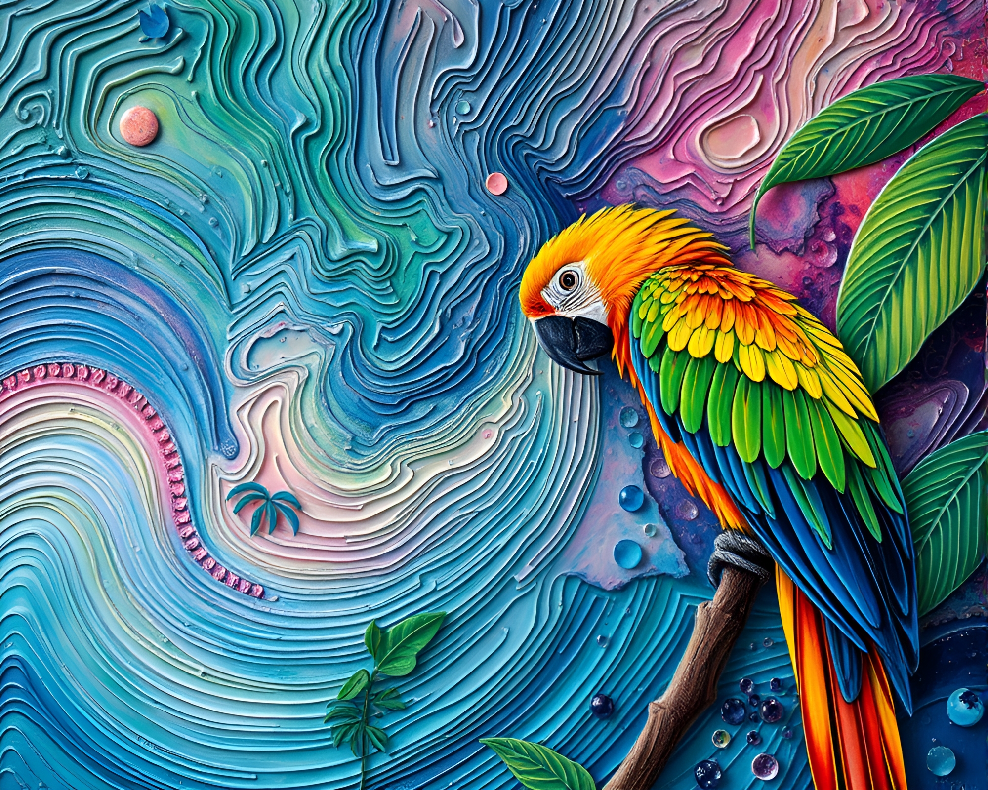 Vibrant Parrot in Cosmic Impasto Fashion Illustration – free AI stock image