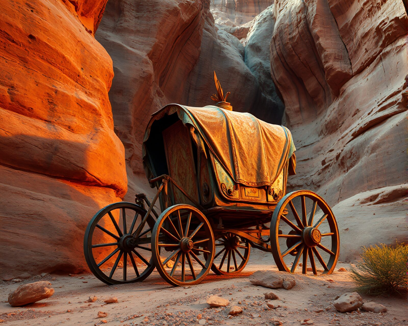 A glitch art depiction of chariot racing in a rusty canyon