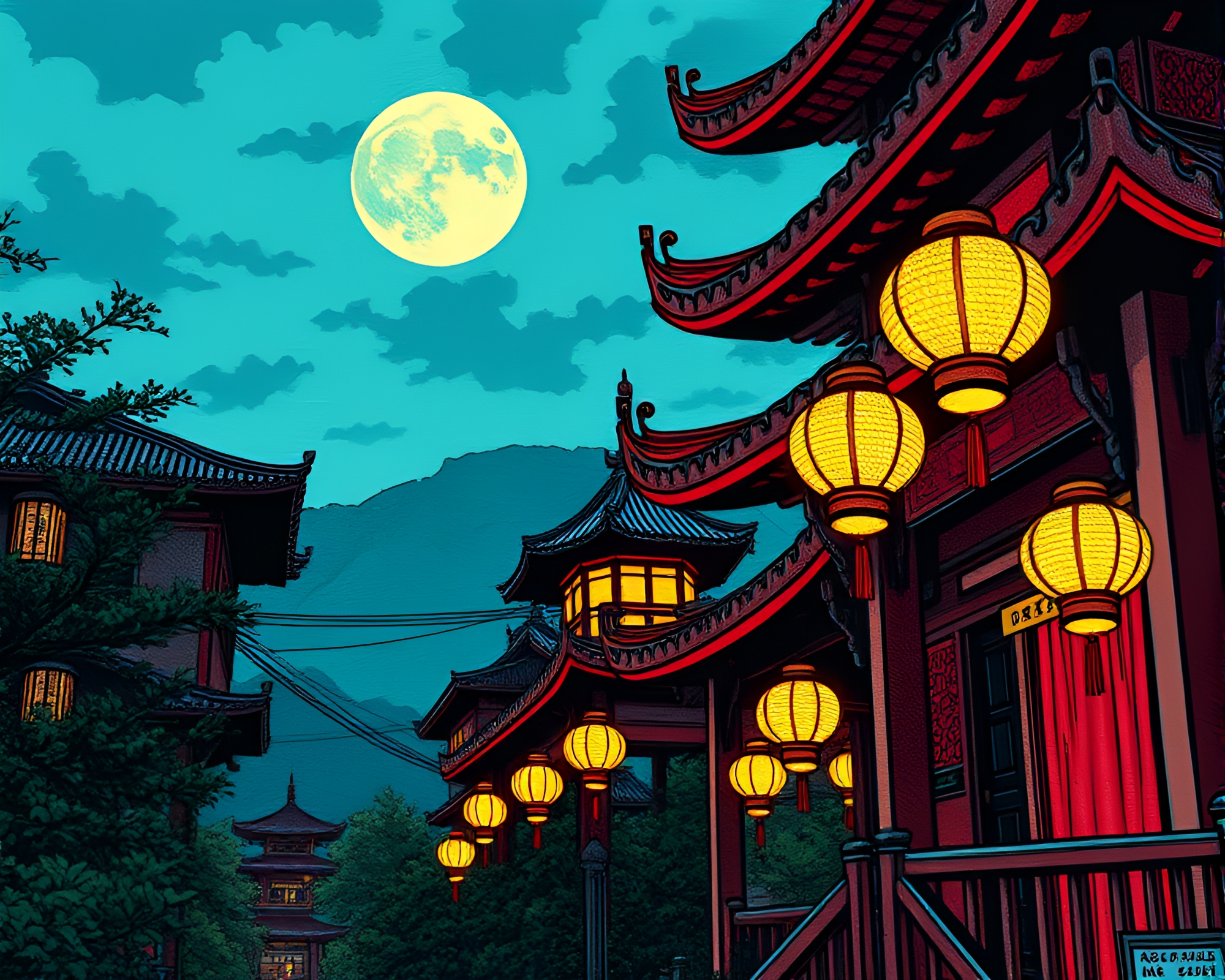 Embroidered Pagoda Among Light Leaks in Comic Book Style – free AI stock image