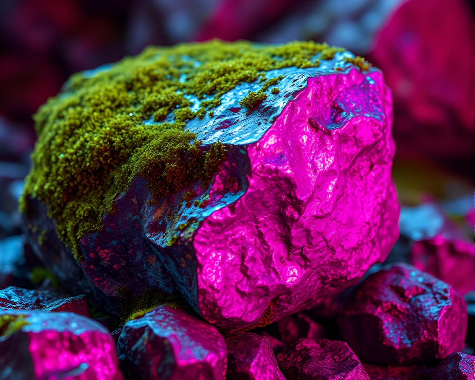 Vibrant neon colors reflecting off mossy holographic rock surface