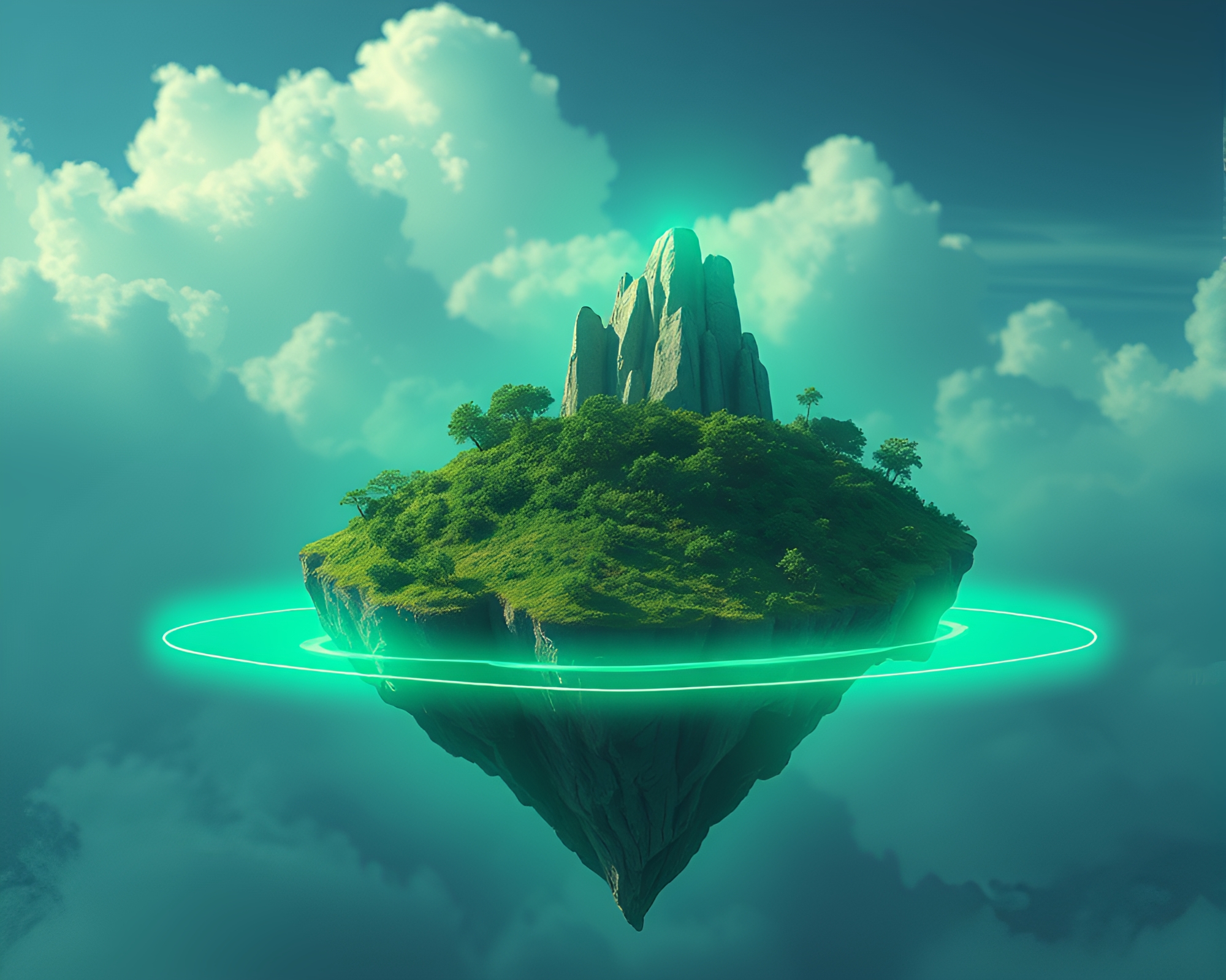 Pixelated Floating Island in Emerald Green Close-up – free AI stock image