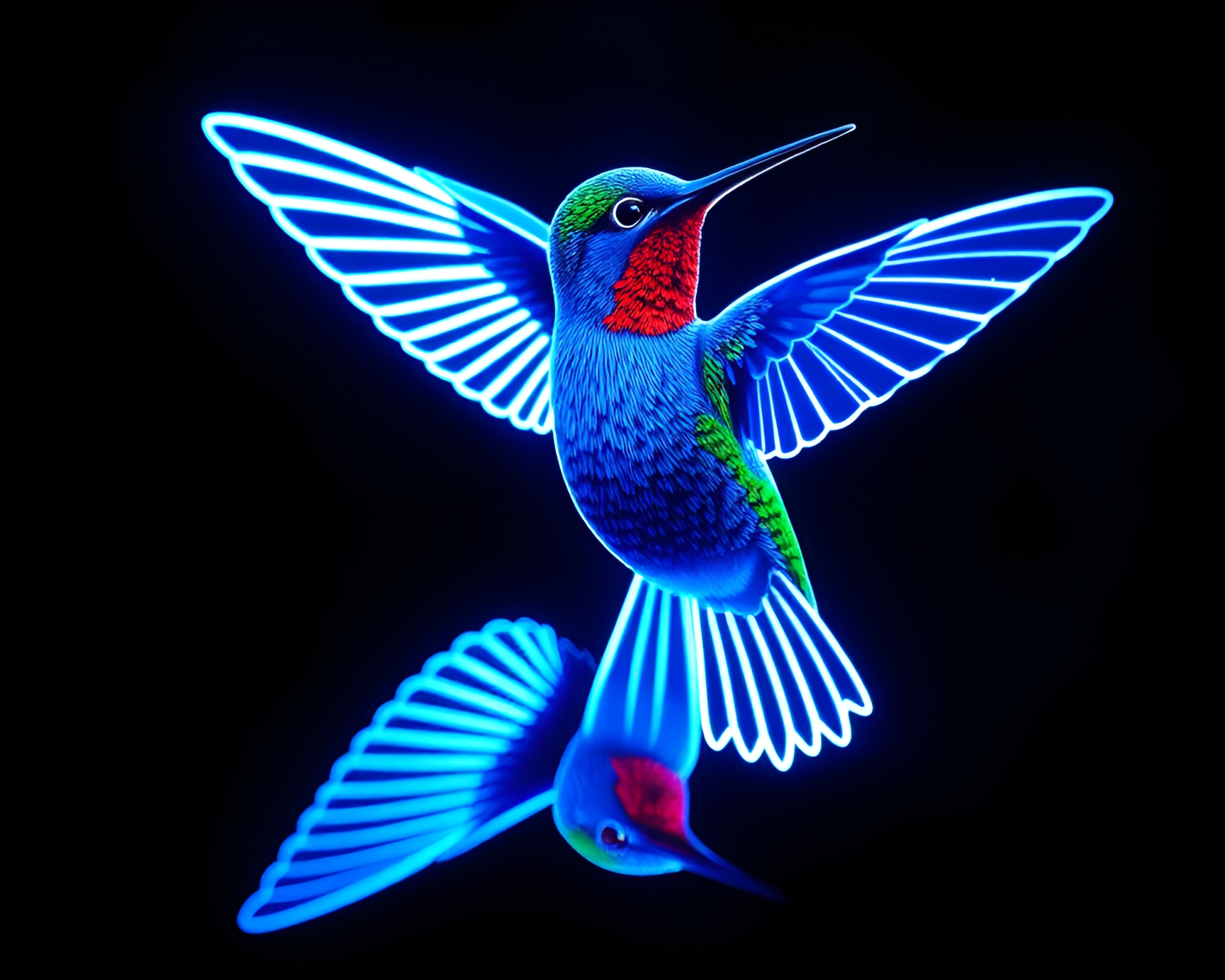 Double Reflection: Neon Hummingbird in Steel-Blue Light – free AI stock image