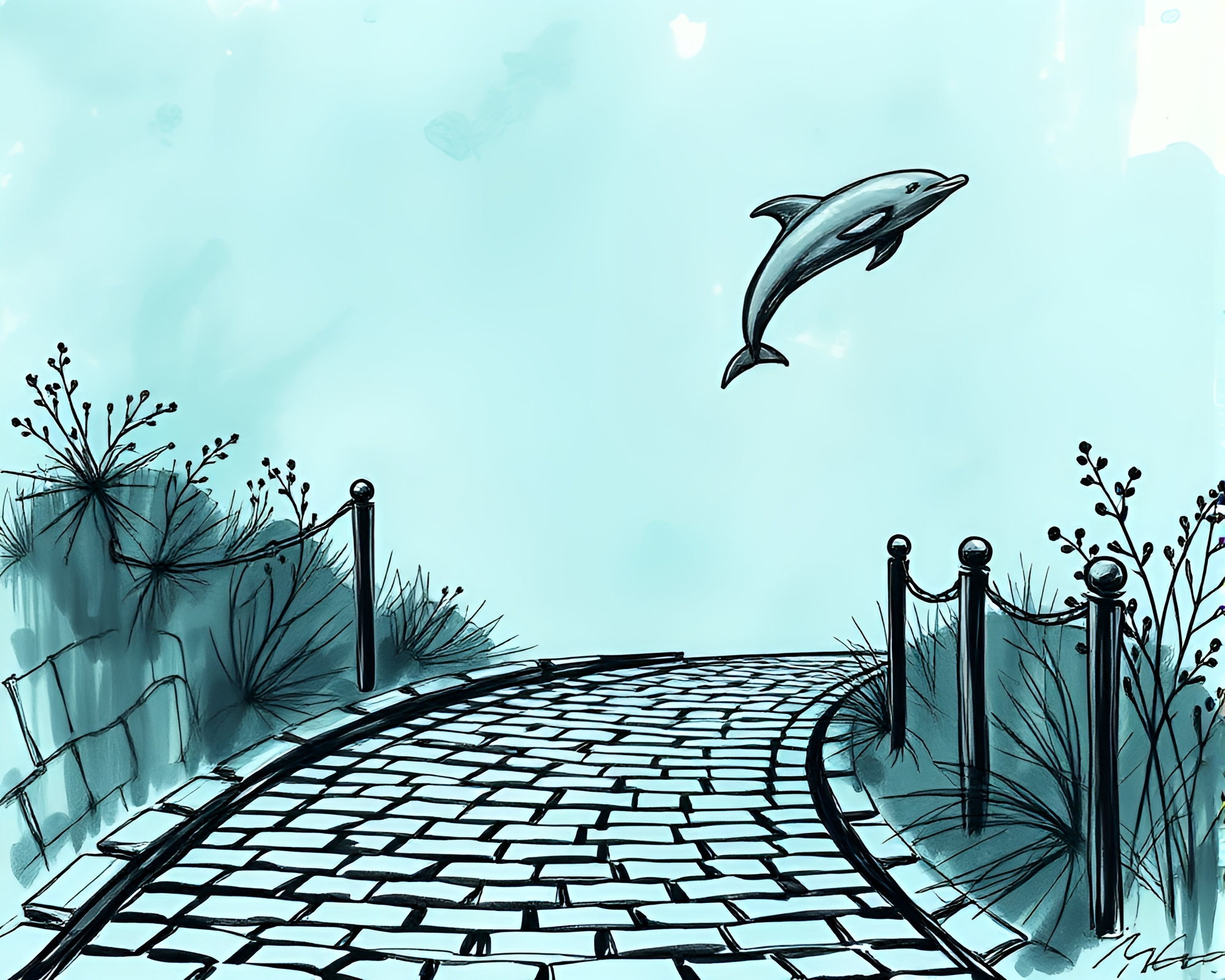 Tranquil Dolphin Strolling Through Cobblestone Path – free AI stock image