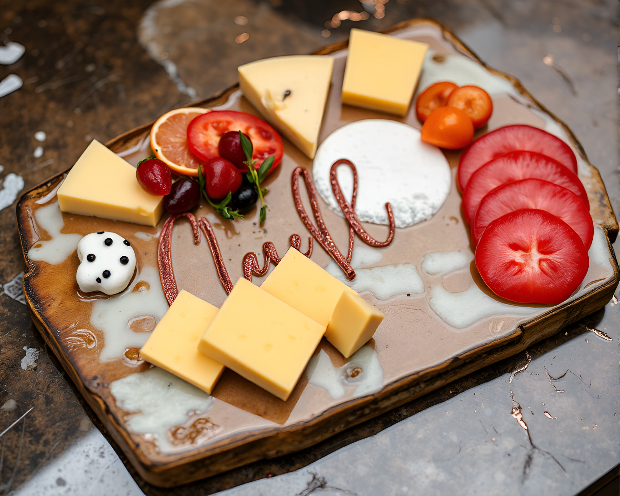 Cheese Platter Elegance on Rain-Kissed Pavement – free AI stock image