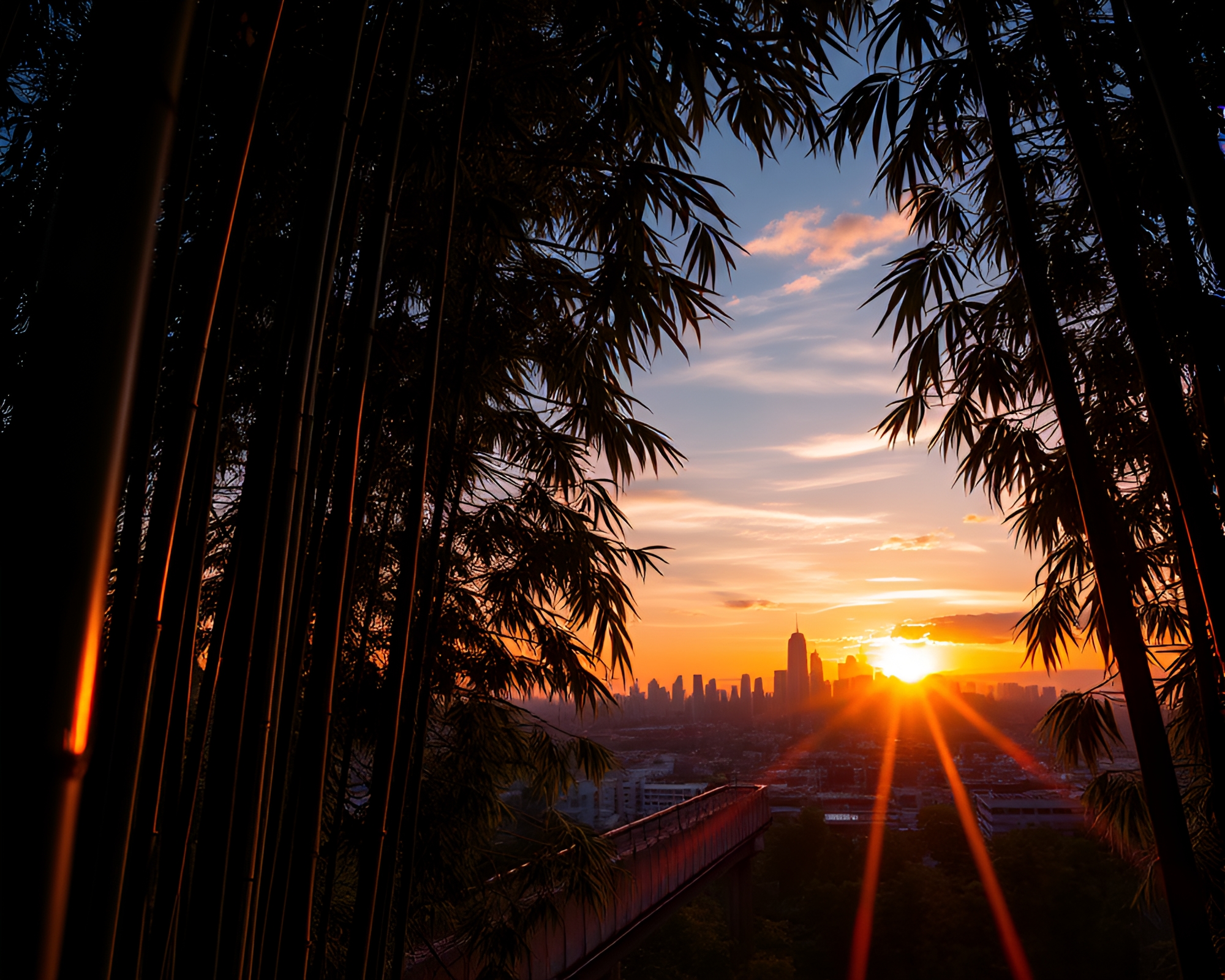 Laser Bamboo Grove Illuminated by Sunset Skyline – free AI stock image