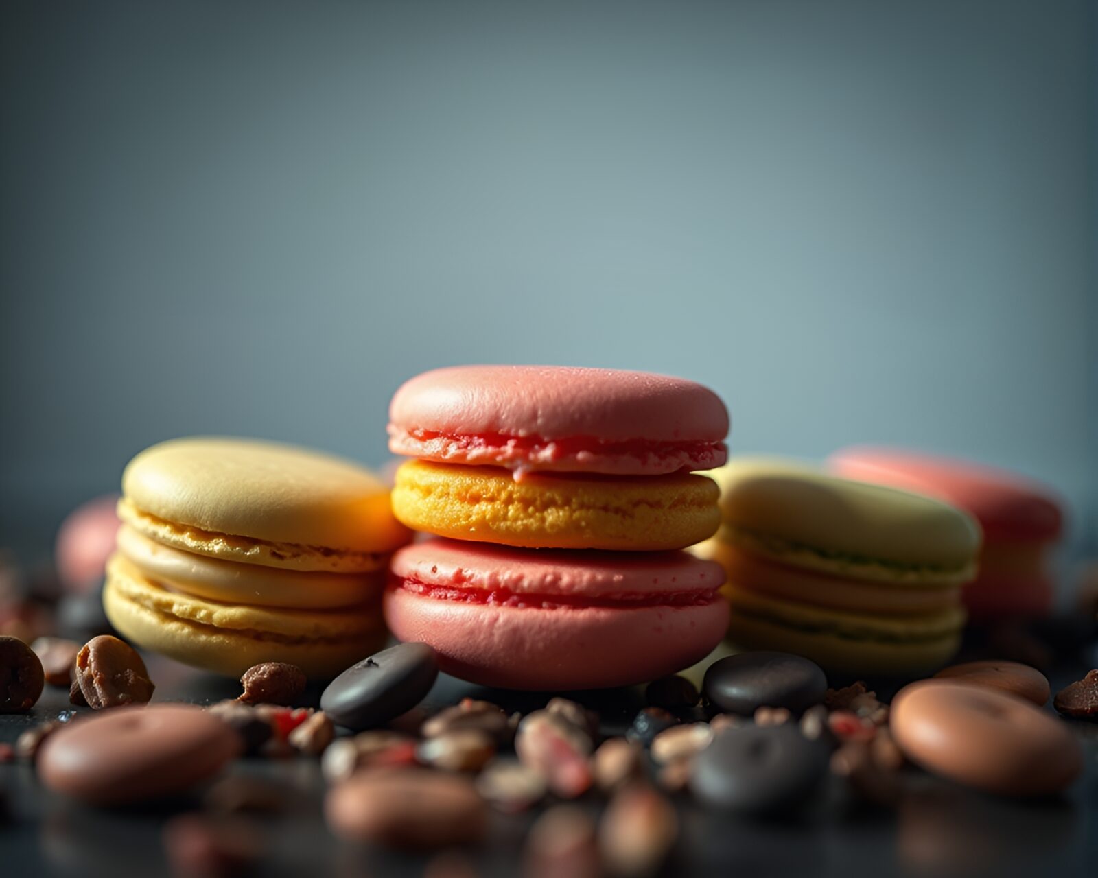 Colorful macarons in distorted, backlit silhouette with washed-out colors