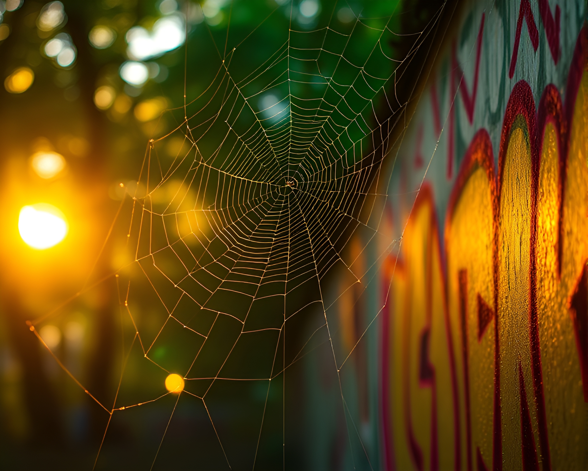 Neon Graffiti Illuminating Forest Cobweb Haven – free AI stock image