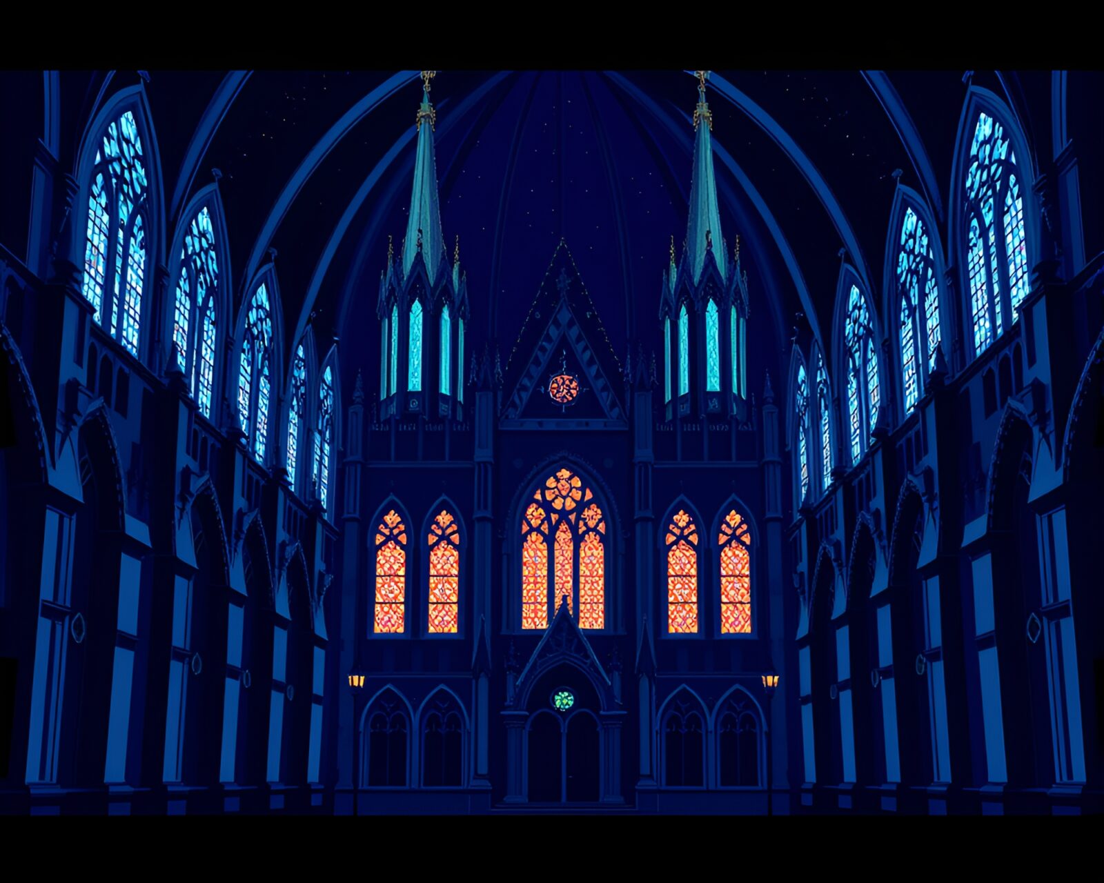 Neo-gothic mansion in retro pixel art style with cathedral lighting