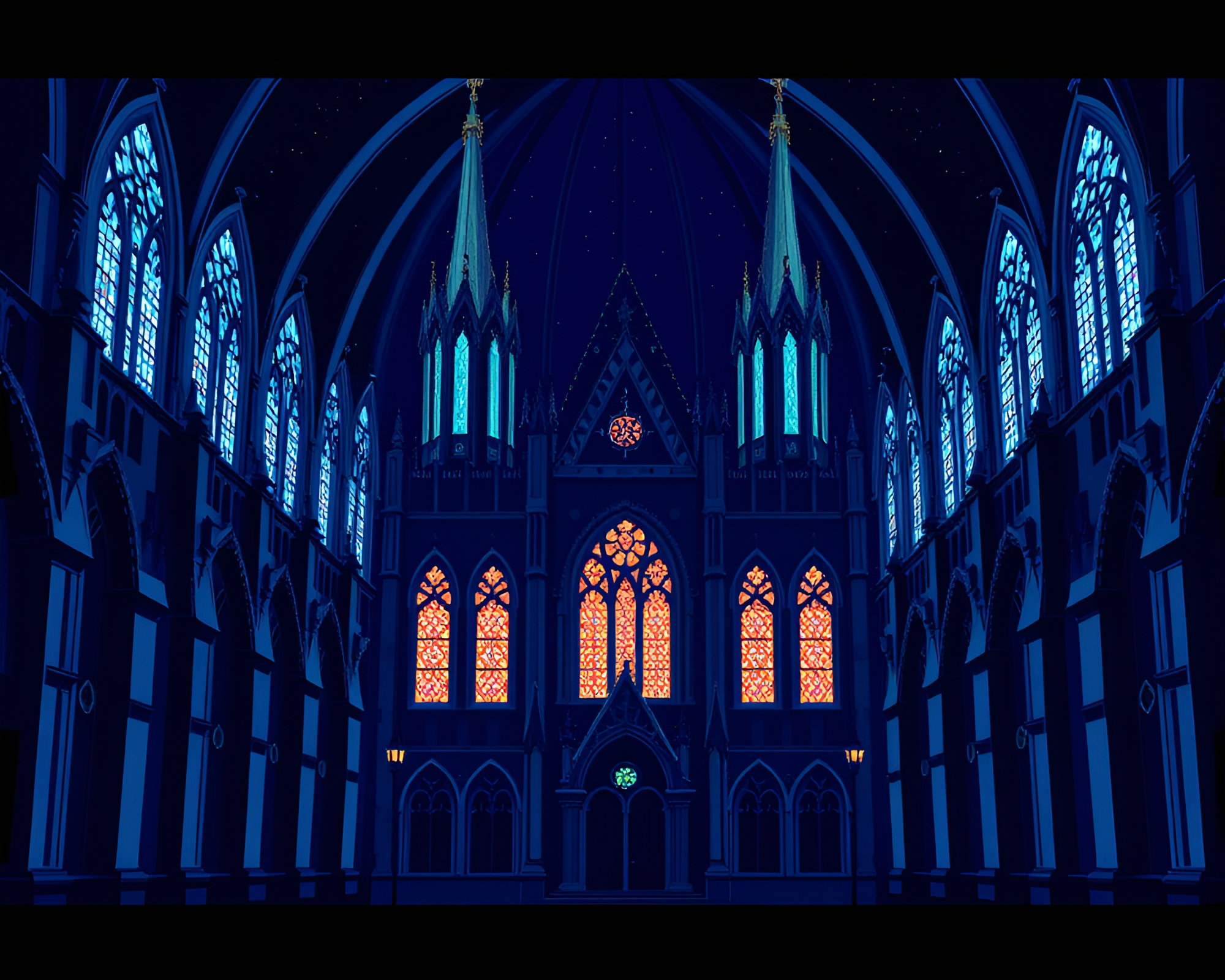 Gothic Mansion Pixel Art with Stained Glass Light – free AI stock image