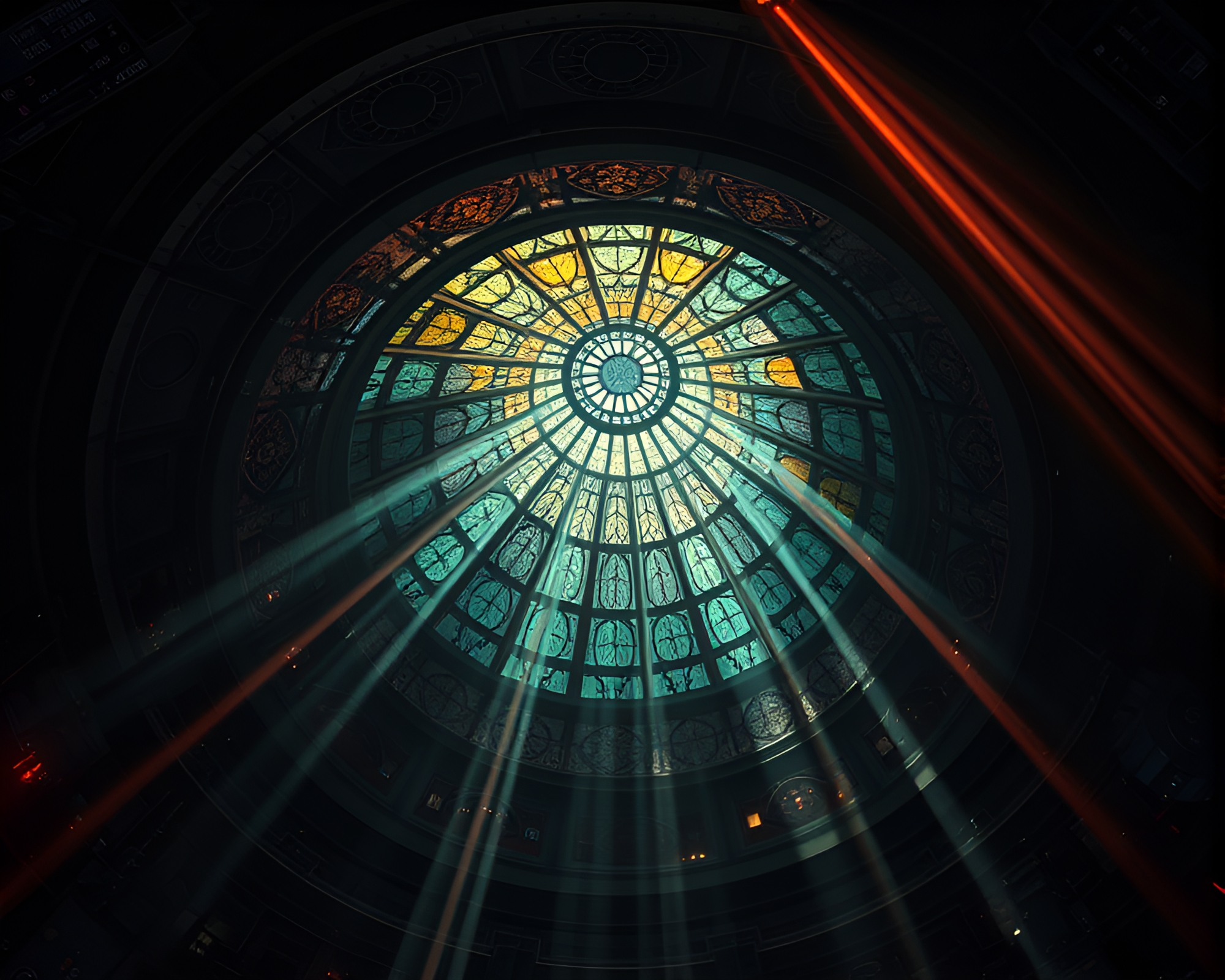 Cybernetic Stained Glass Dome with Laser Beams – free AI stock image