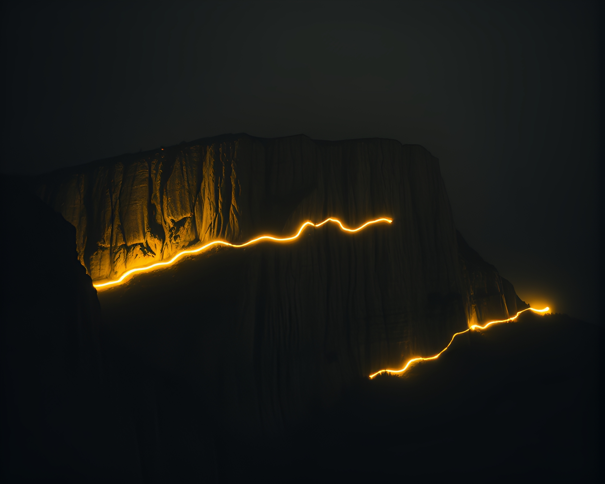 Fluorescent Light Trails over Monochrome Yellow Cliff – free AI stock image