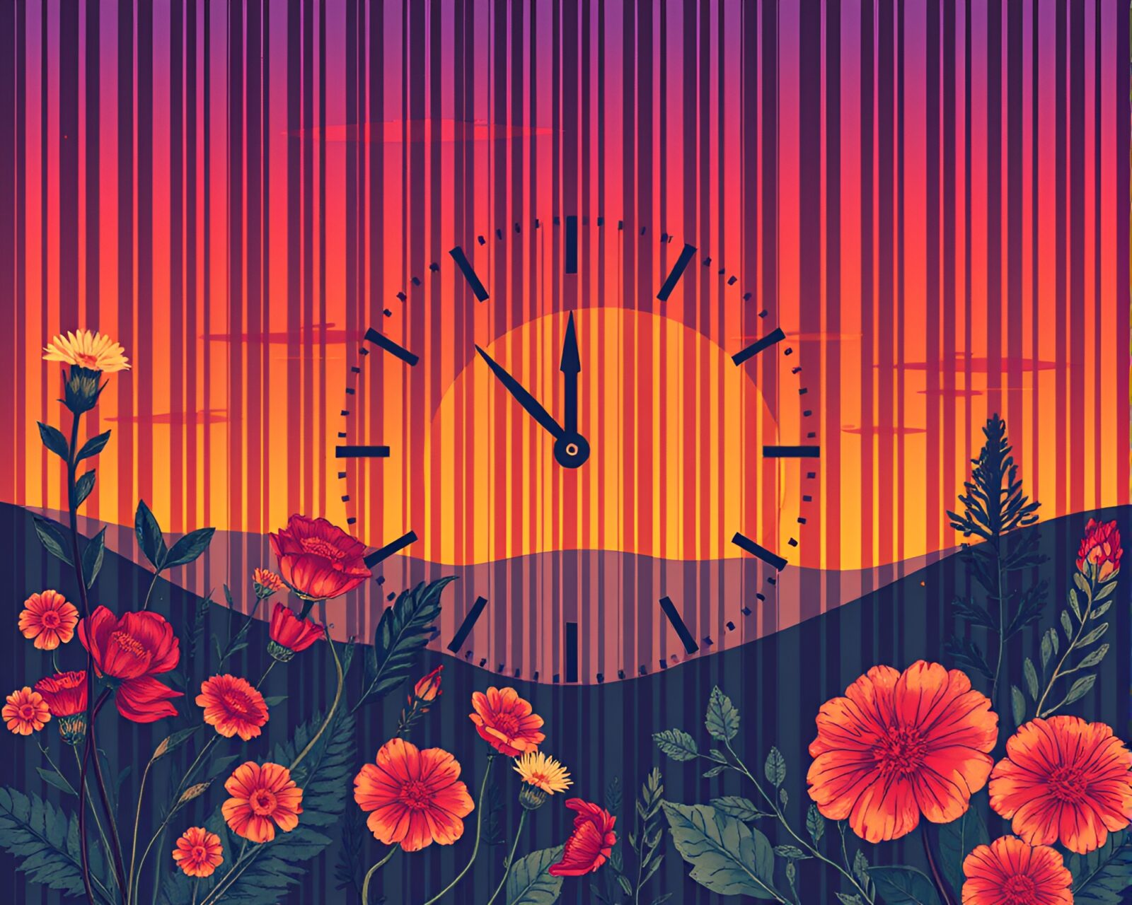 Illustration of a clock with barcode stripes in a warm botanical garden at sunset