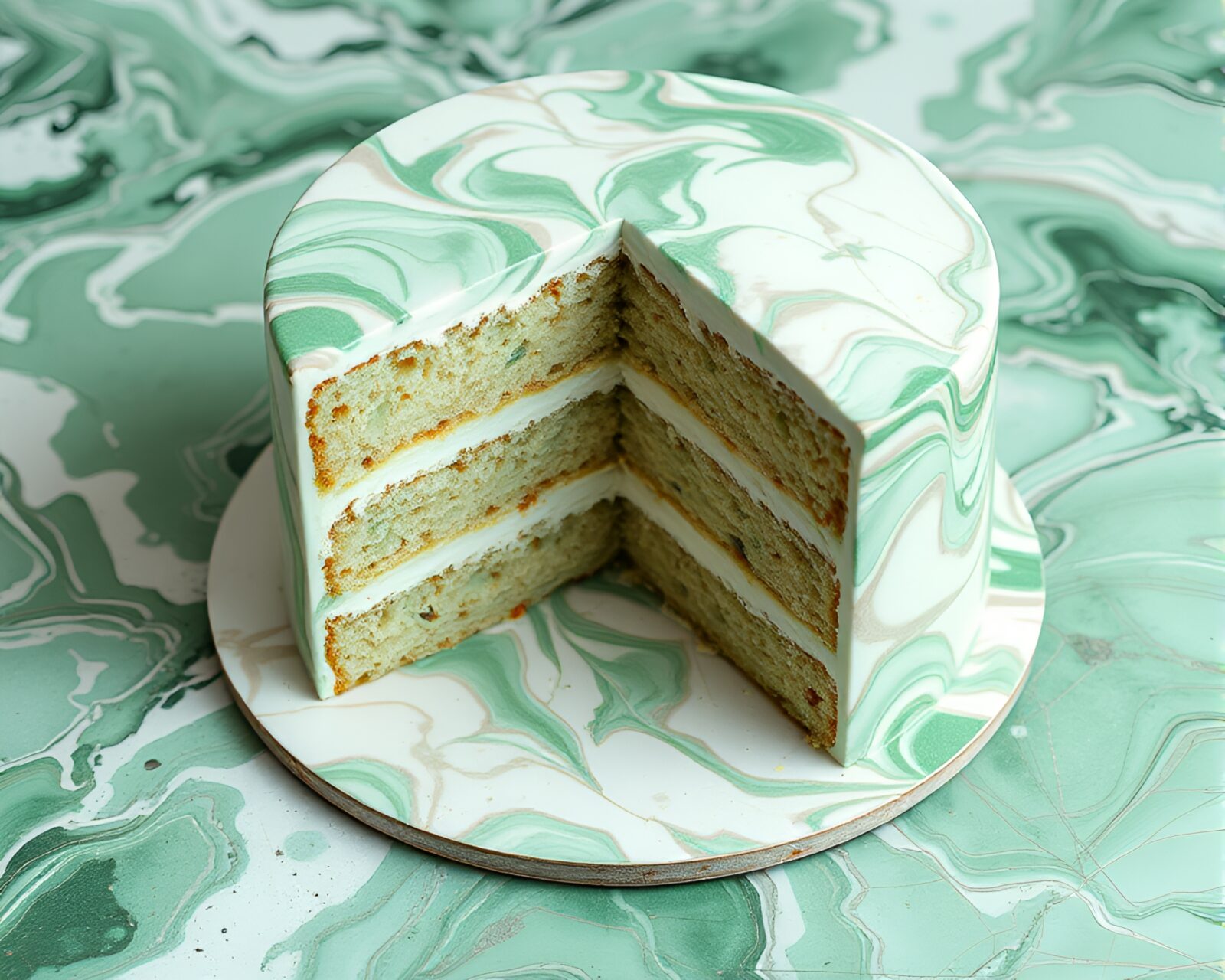 Colorful fractal art cake on rainy pavement with mint tones