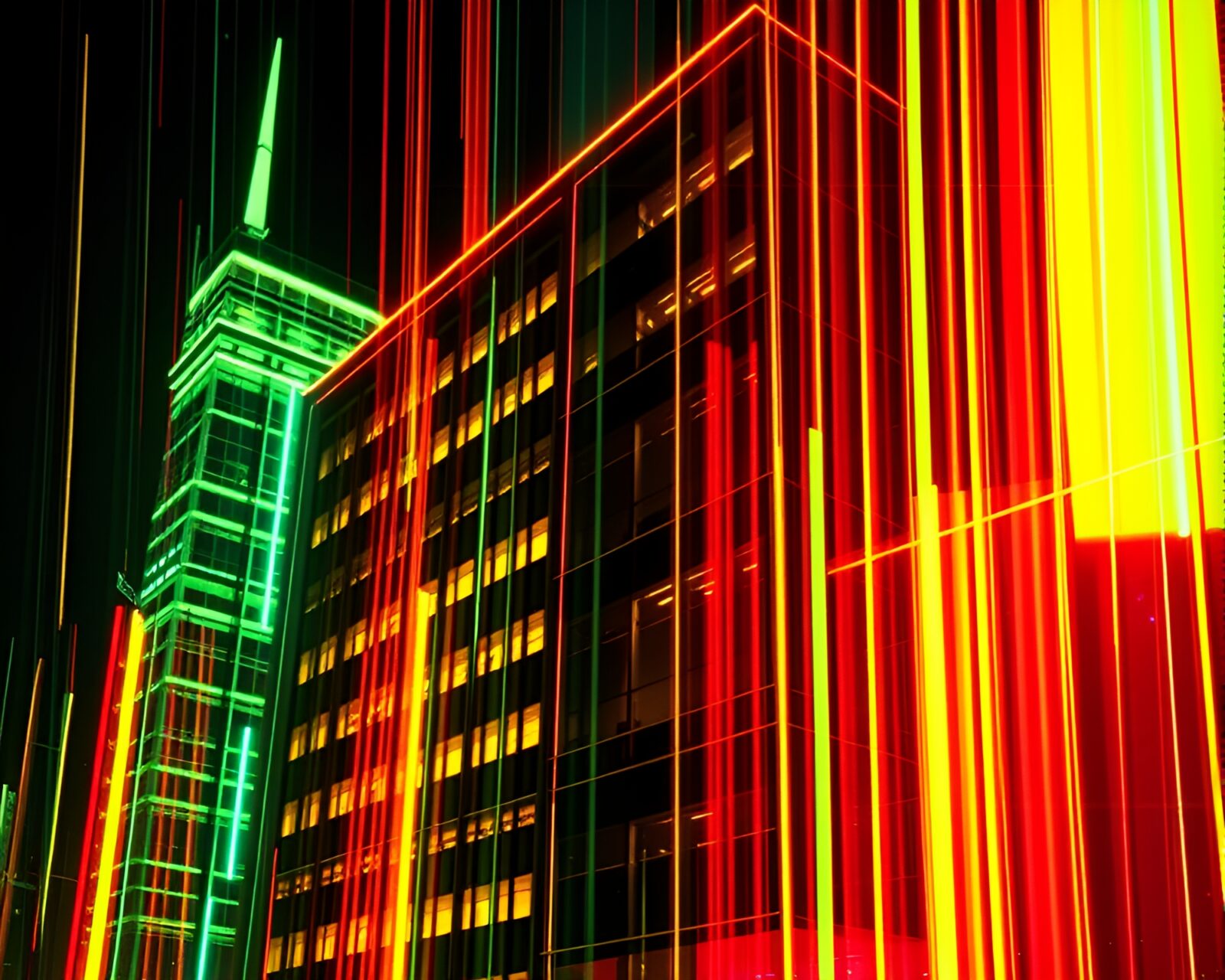 A mesmerizing grid overlay pattern on a glowing Brutalist building