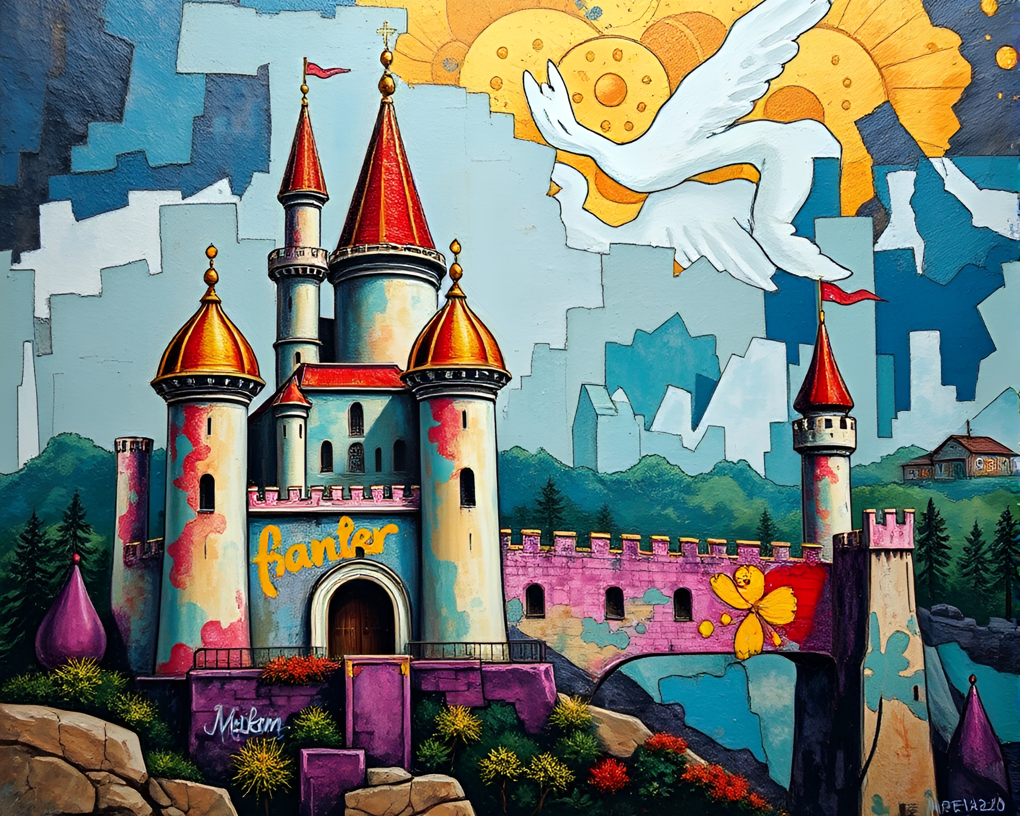 Castle Graffiti: Foil Stamped Fresco Artwork – free AI stock image