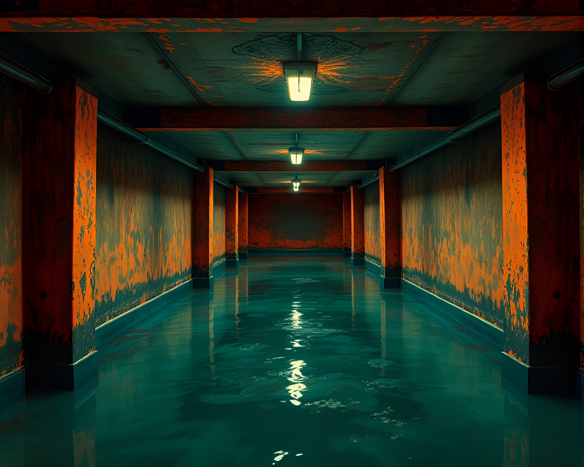 Graffiti Floating Pavilion in Thermal Imaging Basement Gloom – free AI stock image