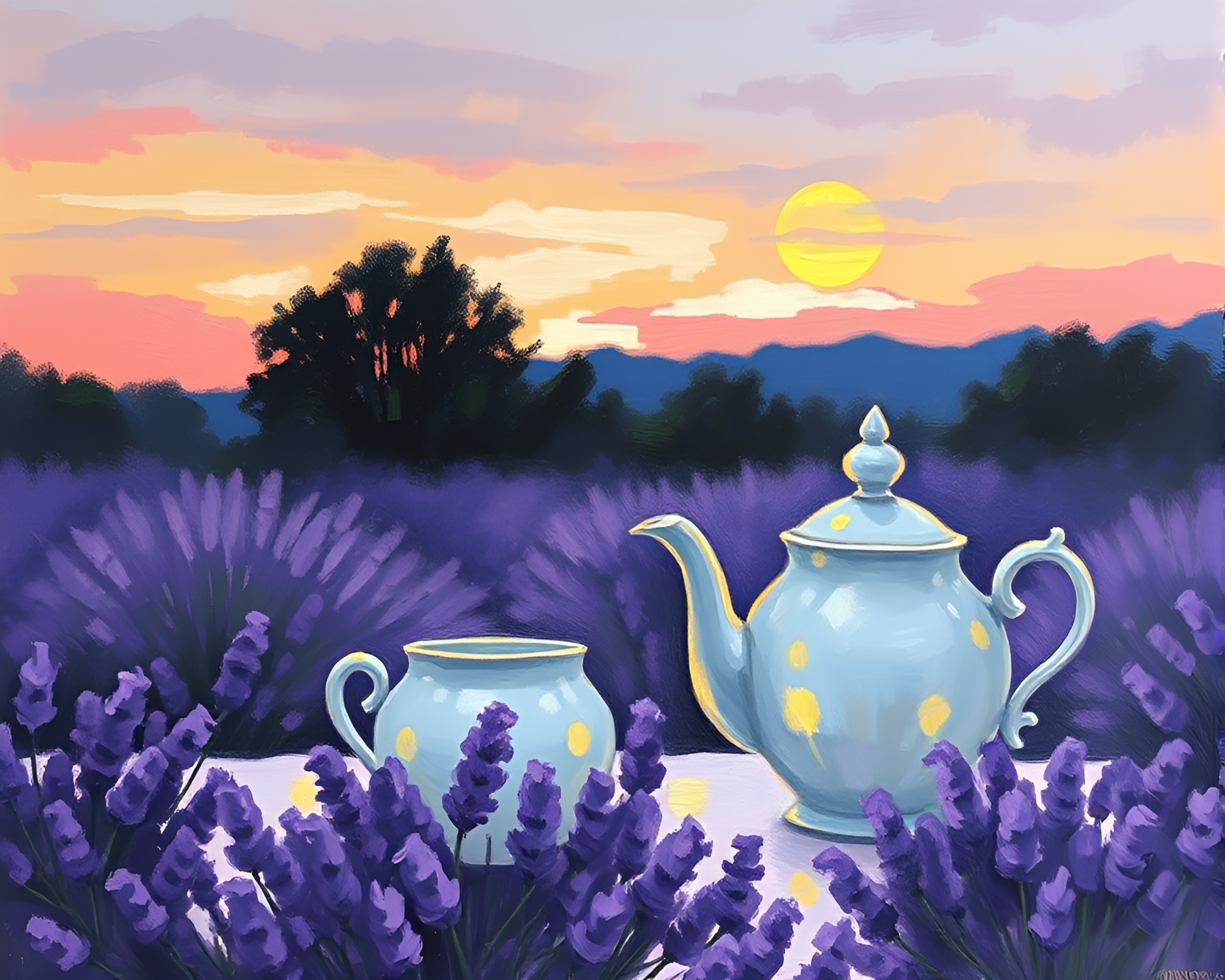 Mildew Spots Tea Set: Lavender Twilight Expressionism – free AI stock image