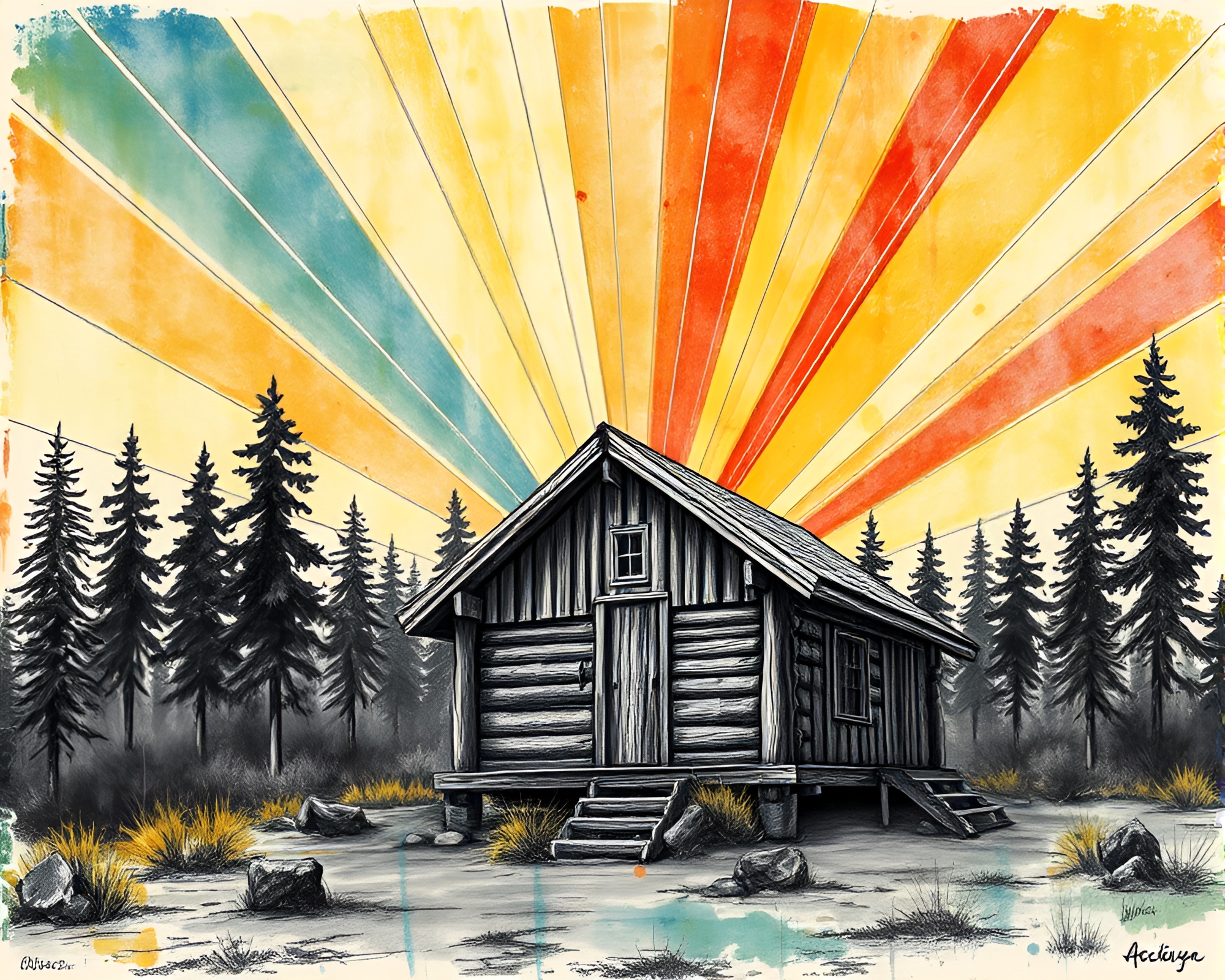 Rustic Cabin Bathed in God Rays Etching Lines – free AI stock image