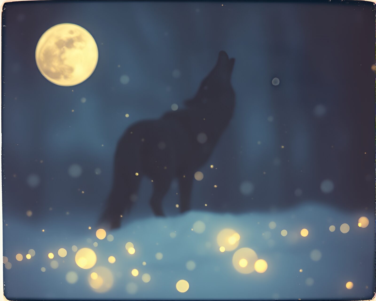 Majestic wolf under moonlight in retro photograph with blurred lights