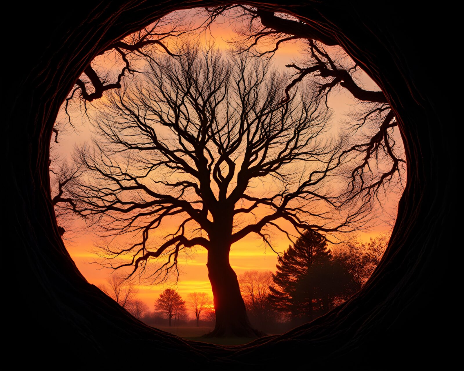 Tree ring pattern with troll silhouette and 80s VHS glow