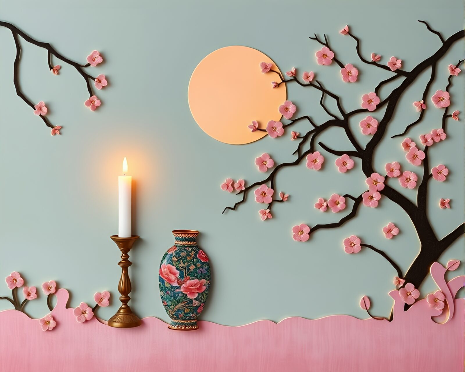 A whimsical collage of cutout cloisonné vases in candlelit hues