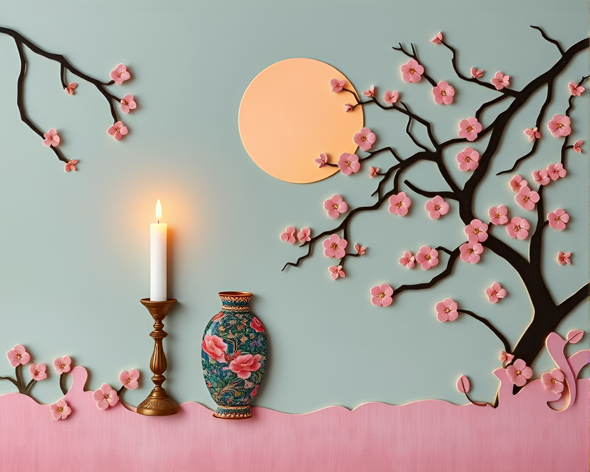 Pastel Cloisonné Vase Collage by Candlelight – free AI stock image