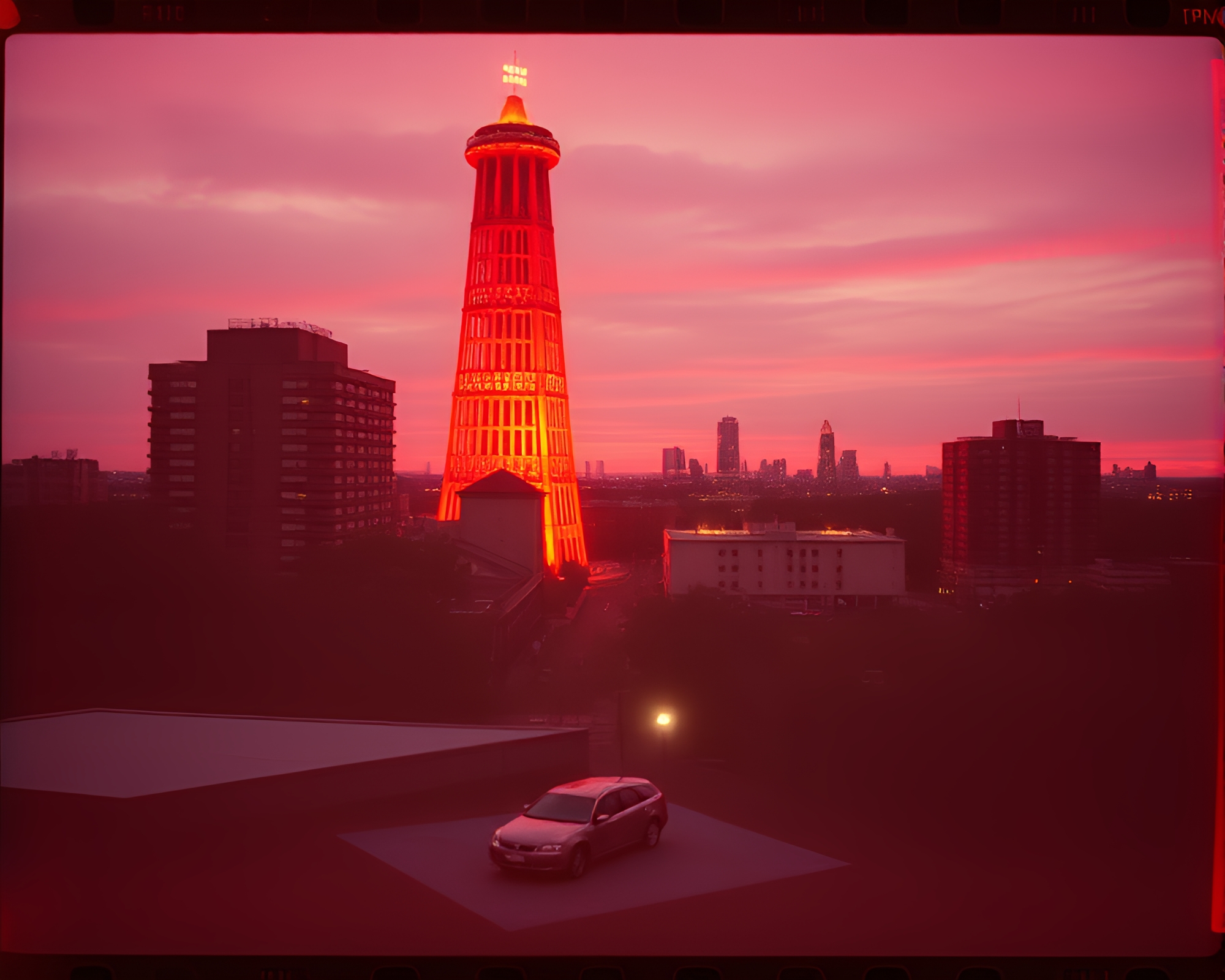 Retrowave Tower Glowing in Copper Sprocket Hole Light – free AI stock image
