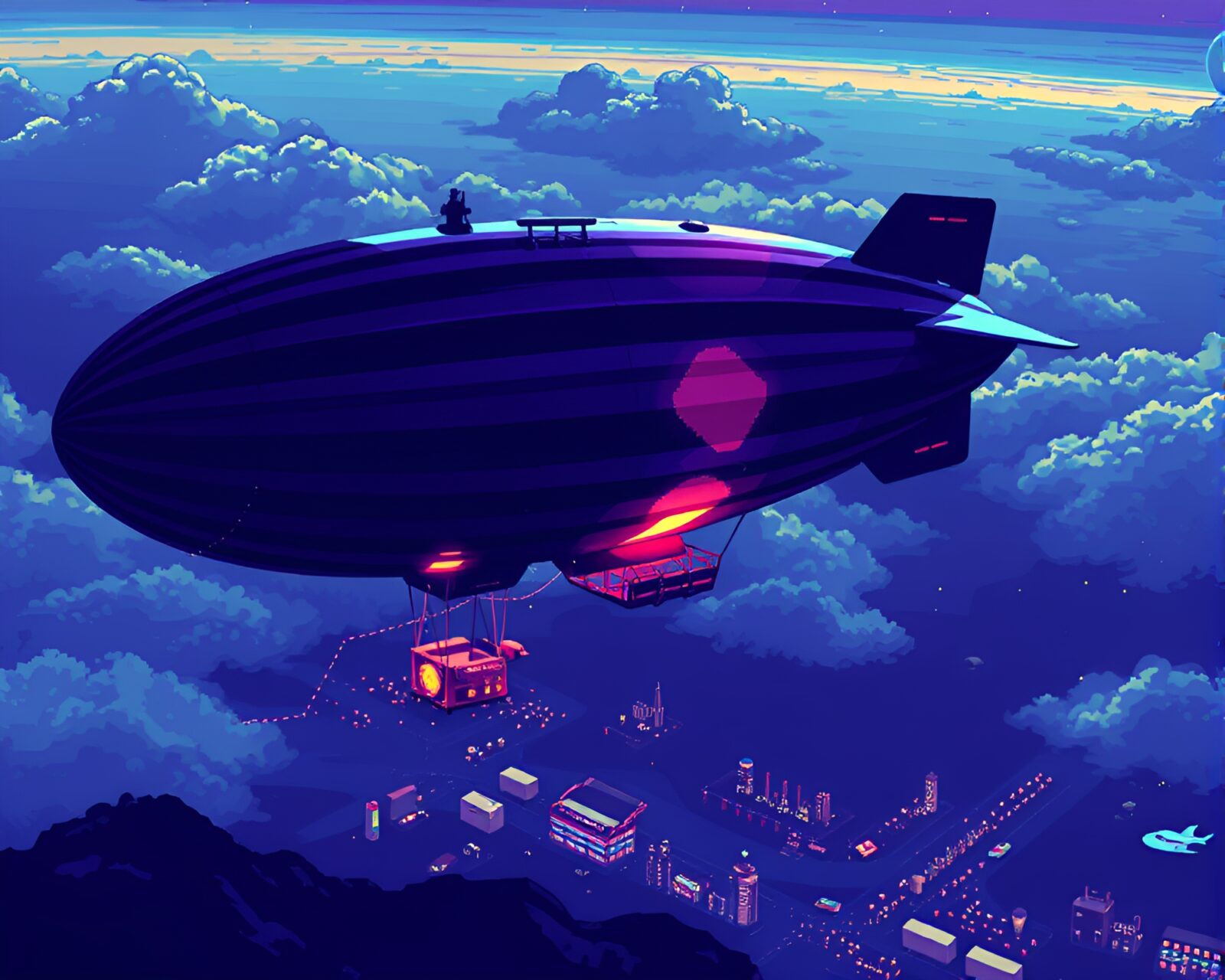 Bird's eye view of a glowing zeppelin in pixel art style