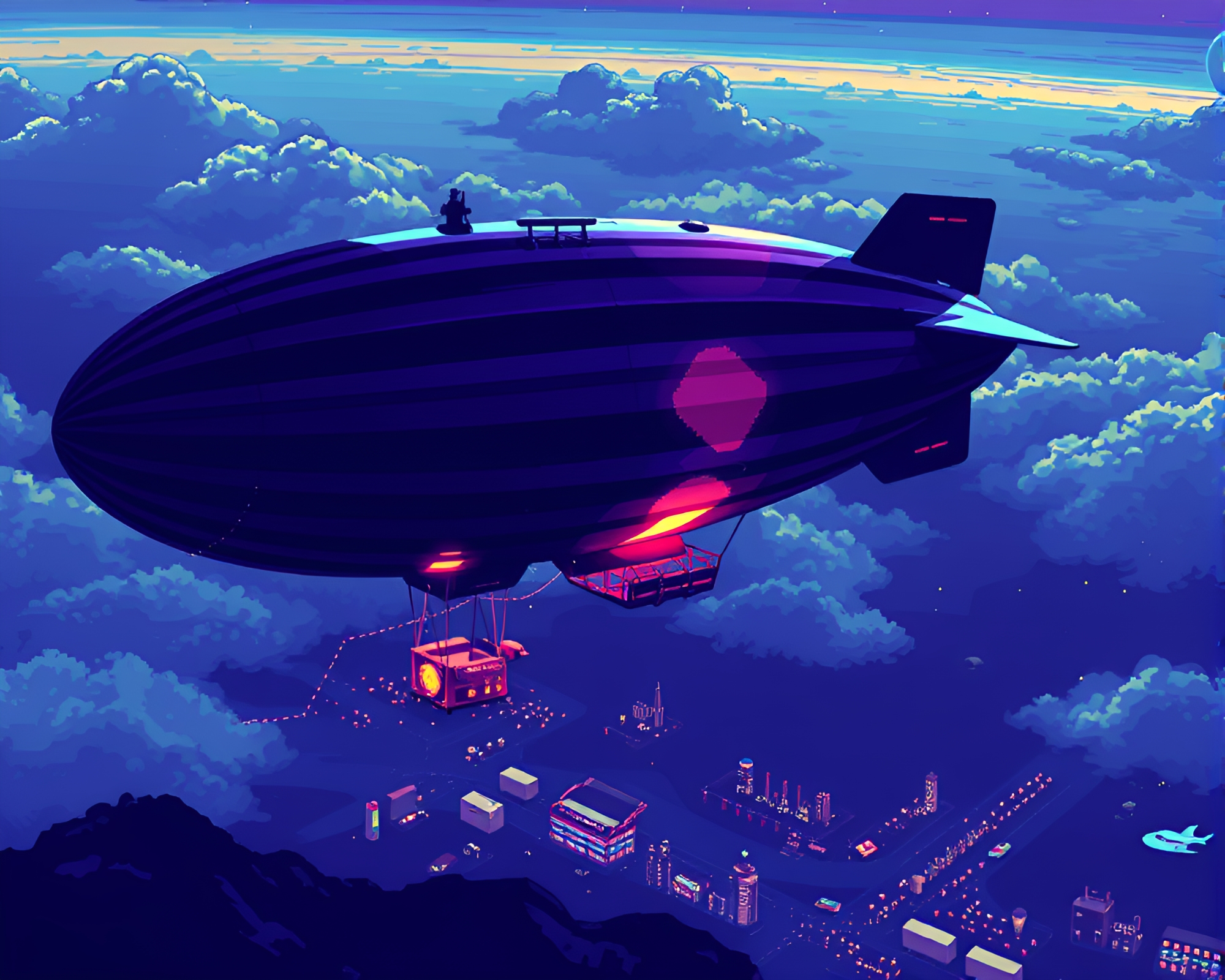 Retro Pixel Art Zeppelin in Ultraviolet Shine – free AI stock image