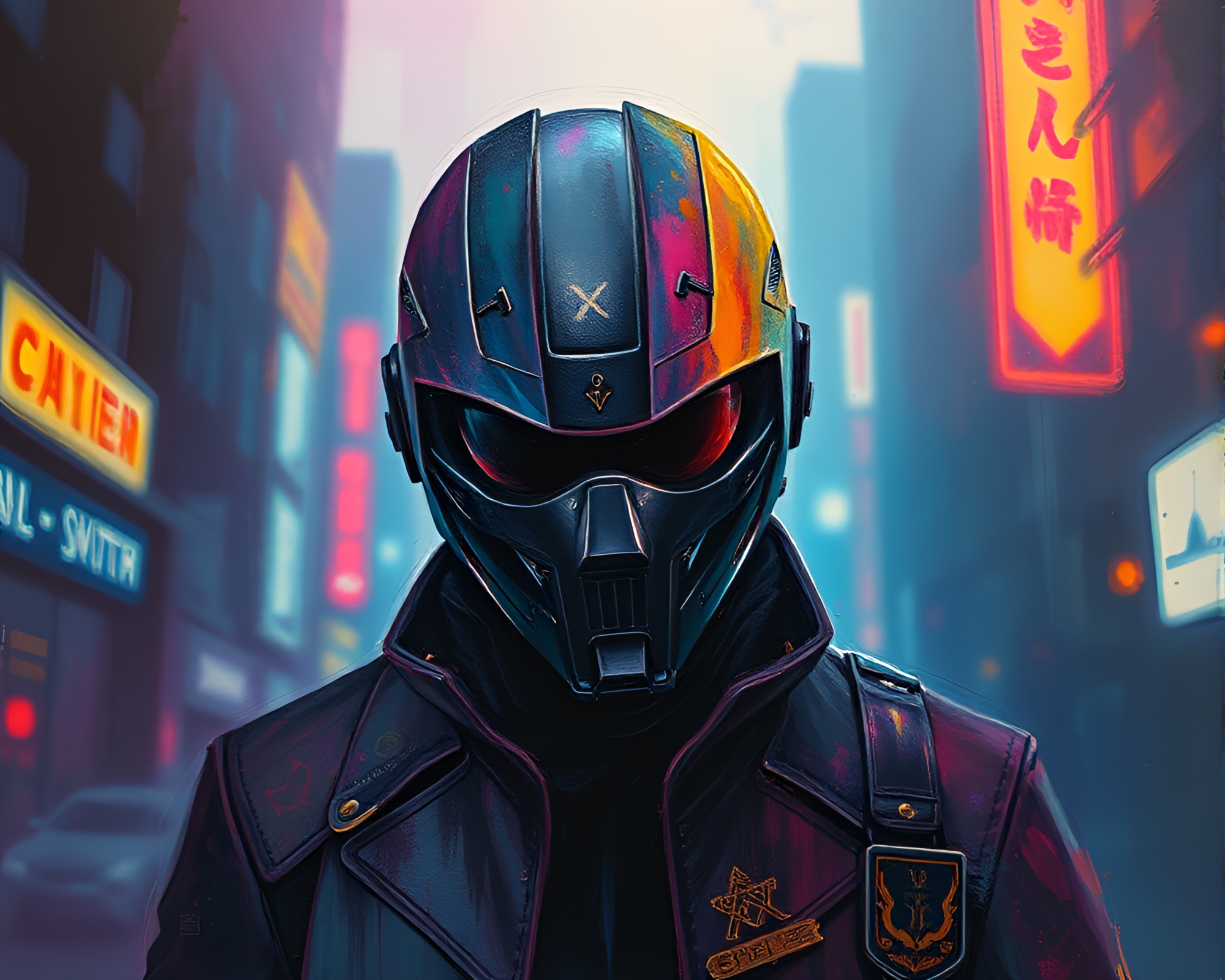 Cyberpunk Vigilante in Aurora Hues Acrylic Painting – free AI stock image