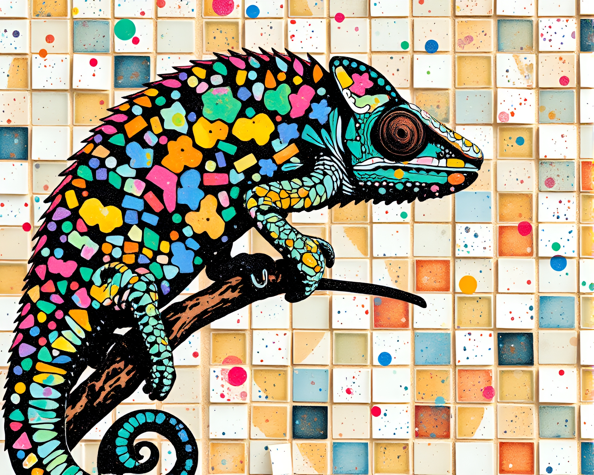 Chameleon Mosaic Tiling in Selective Color Palette – free AI stock image