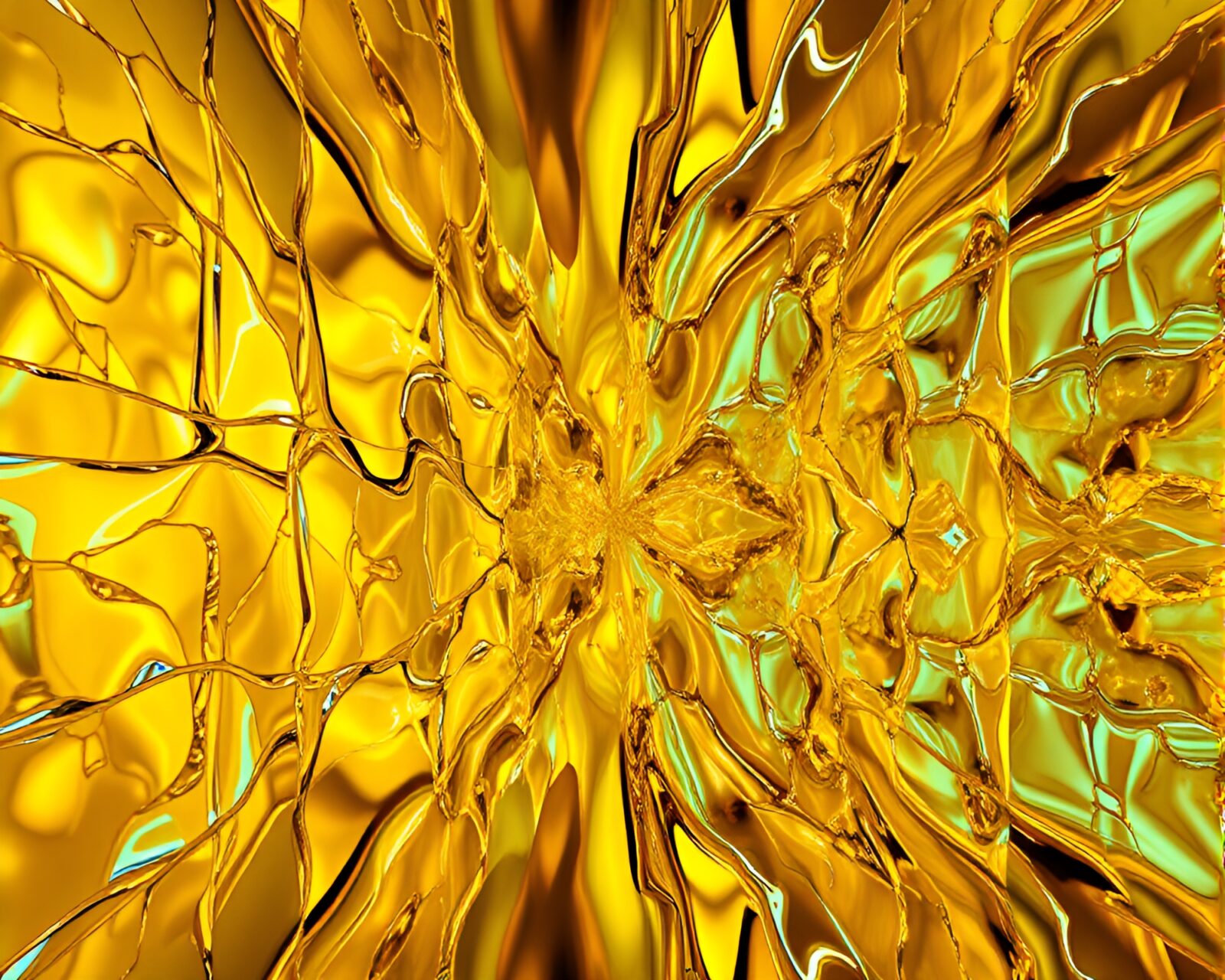 Vibrant stained glass art with chrome reflection in mustard hues