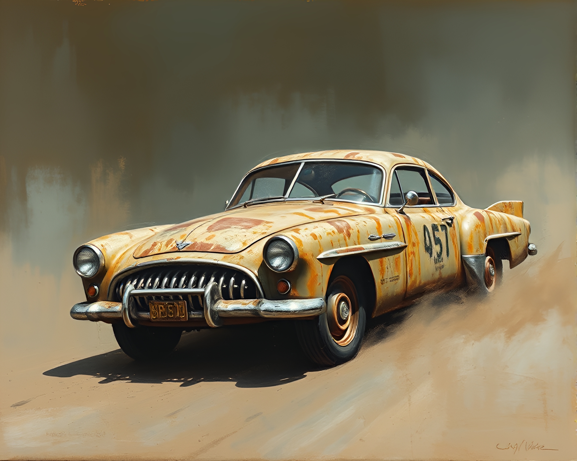 Rust Patina Flying Car in Smoky Haze – free AI stock image
