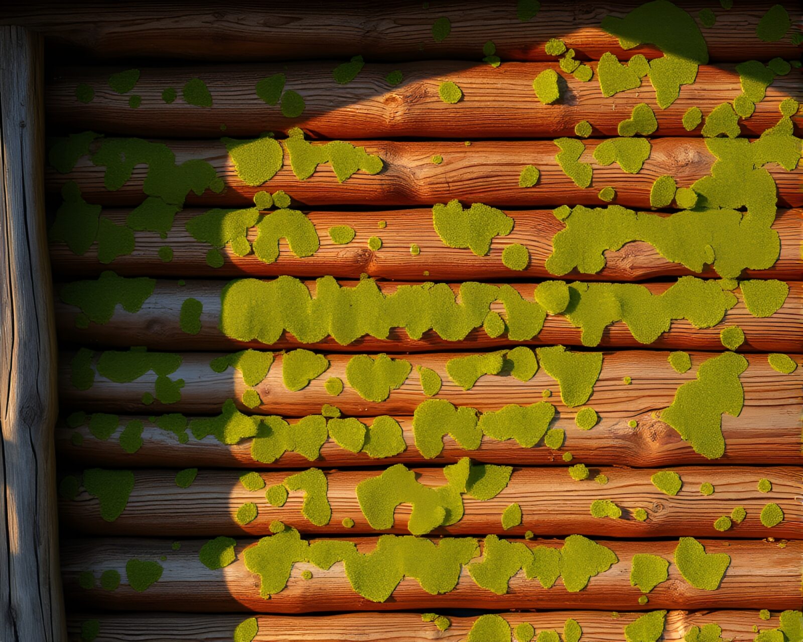 Glossy highlights on rustic cabin with mildew spots texture