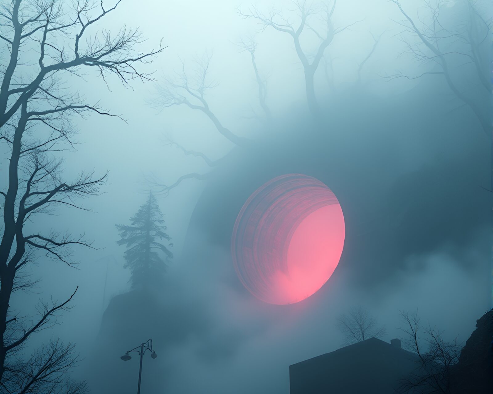 Mysterious wormhole generator emerging from dense fog banks