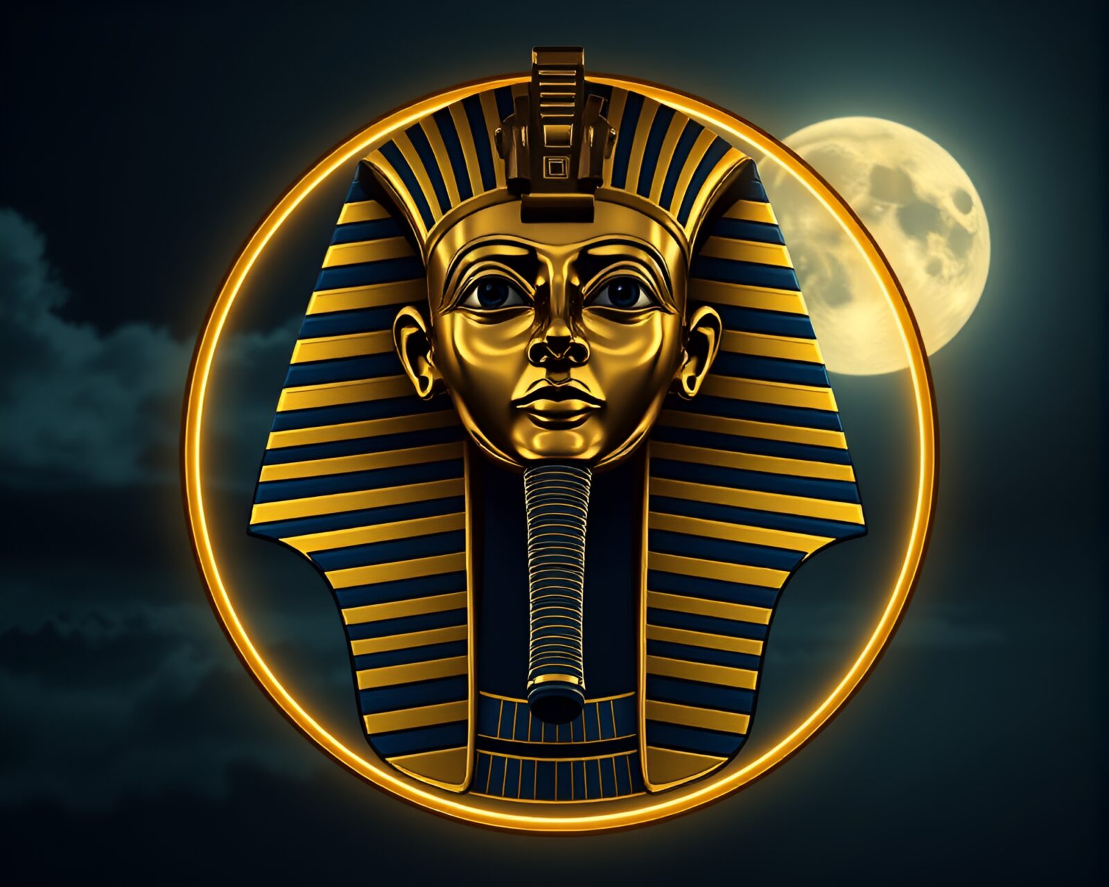 Glowing Pharaoh's mask framed in intricate moonlit night