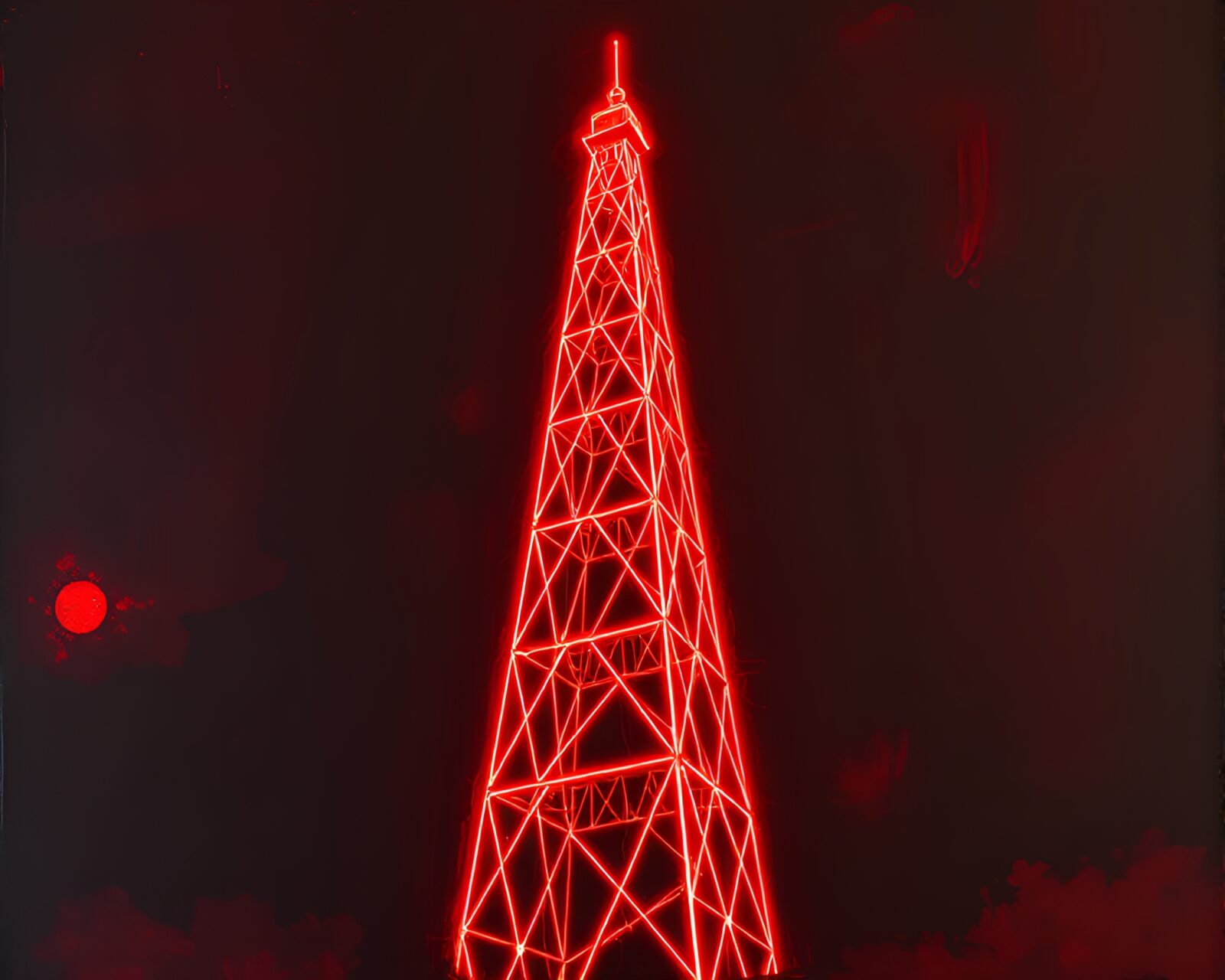 Abstract tower structure in ruby red neon wireframe glow