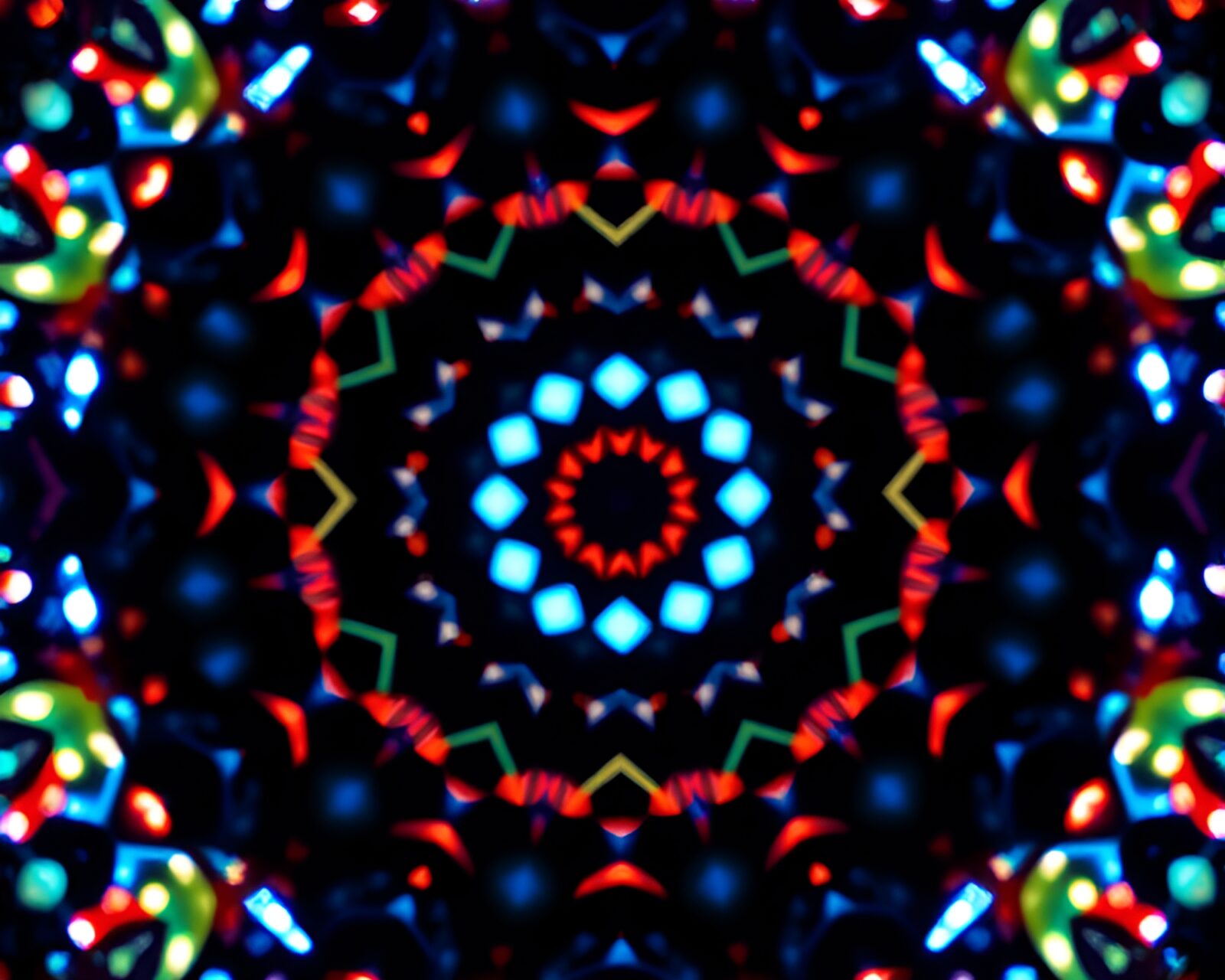 Vibrant LED light art in circular kaleidoscope pattern